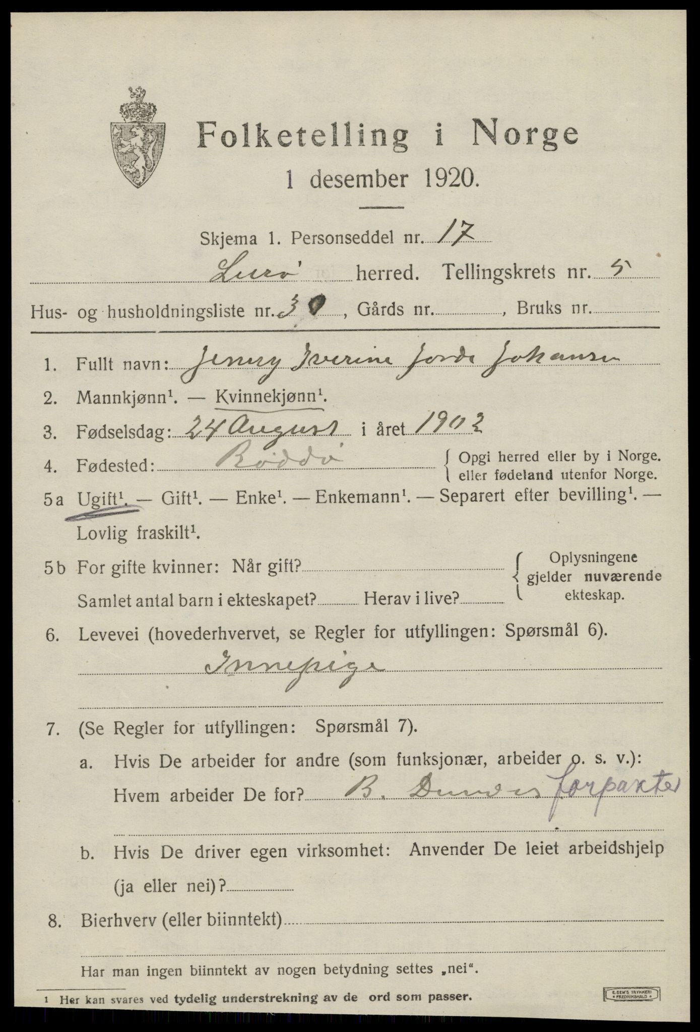 SAT, 1920 census for Lurøy, 1920, p. 2949