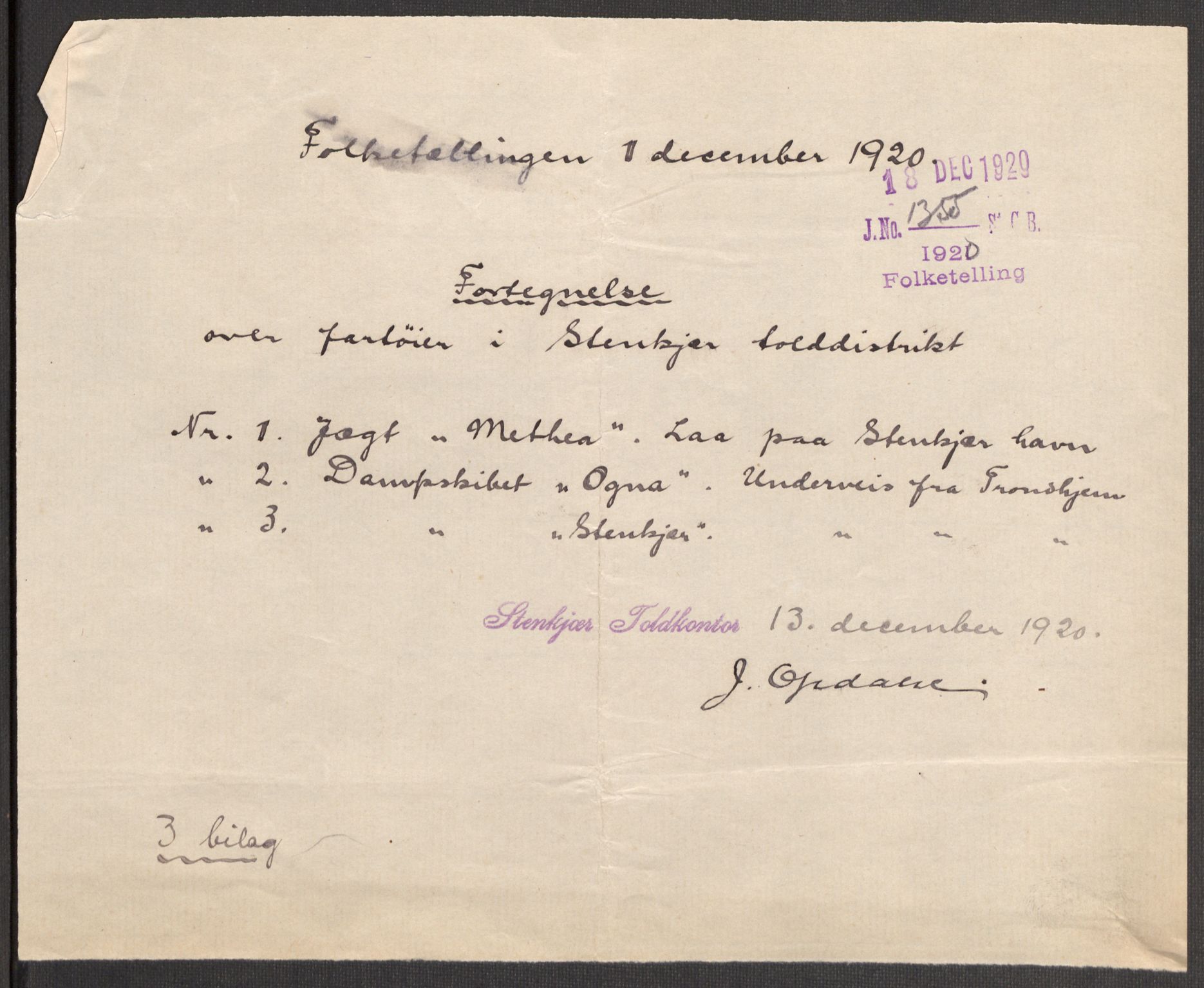 SAT, 1920 census for Steinkjer, 1920, p. 7882