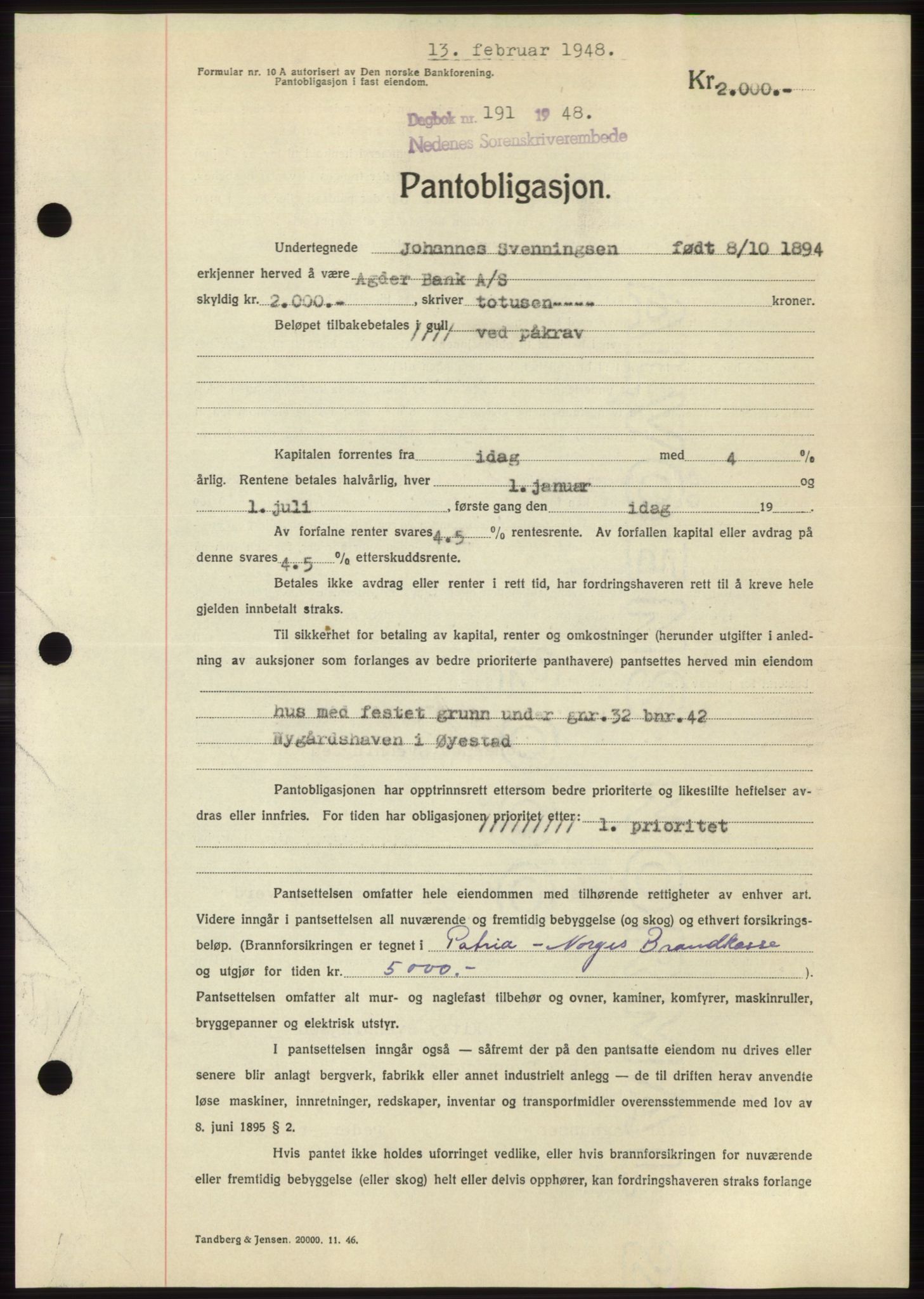 Nedenes sorenskriveri, AV/SAK-1221-0006/G/Gb/Gbb/L0005: Mortgage book no. B5, 1948-1948, Diary no: : 191/1948