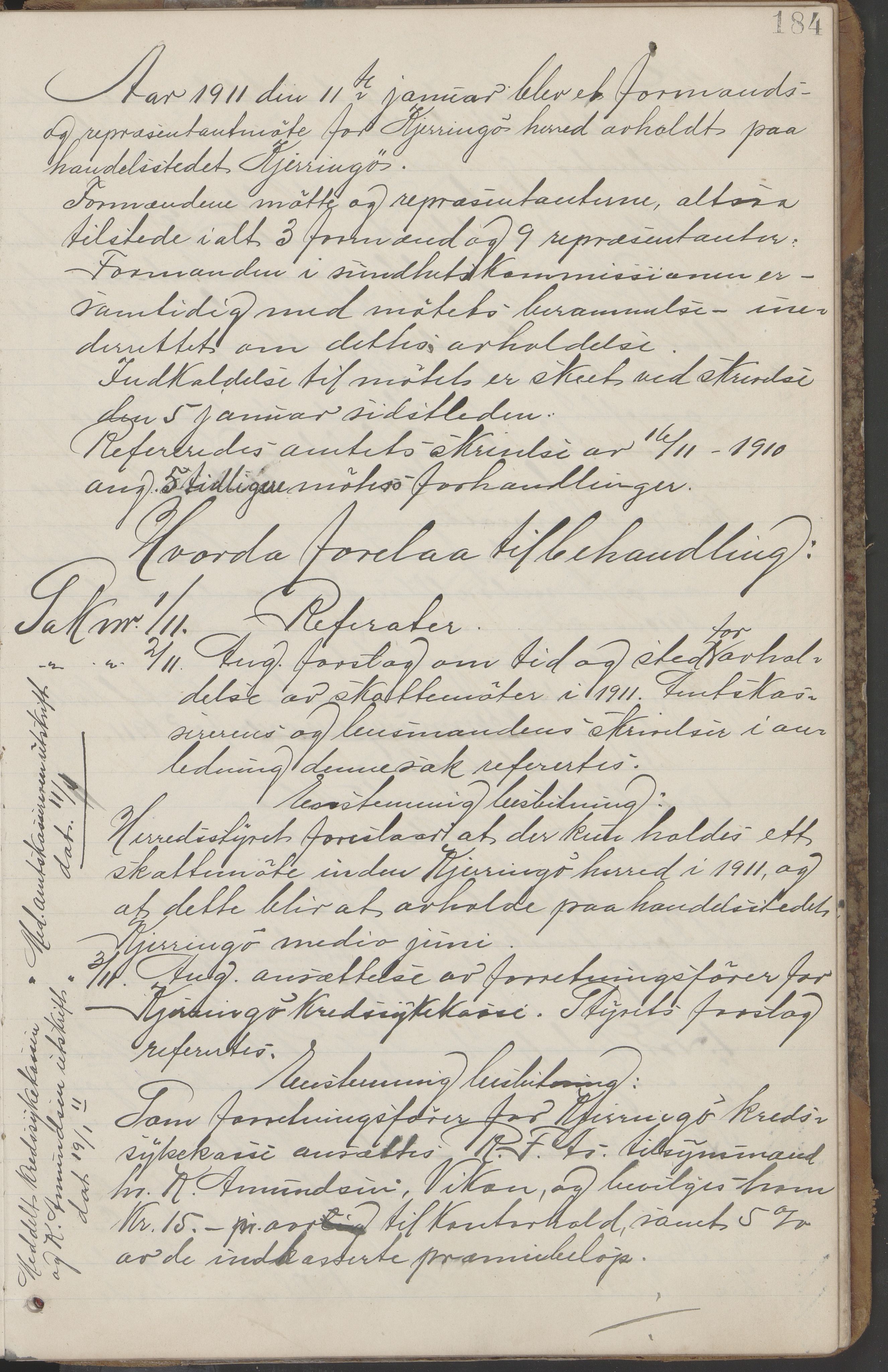 Kjerringøy kommune. Formannskapet, AIN/K-18441.150/A/Aa/L0002: Forhandlingsprotokoll Norfolden- Kjerringø formanskap, 1900-1911, p. 184