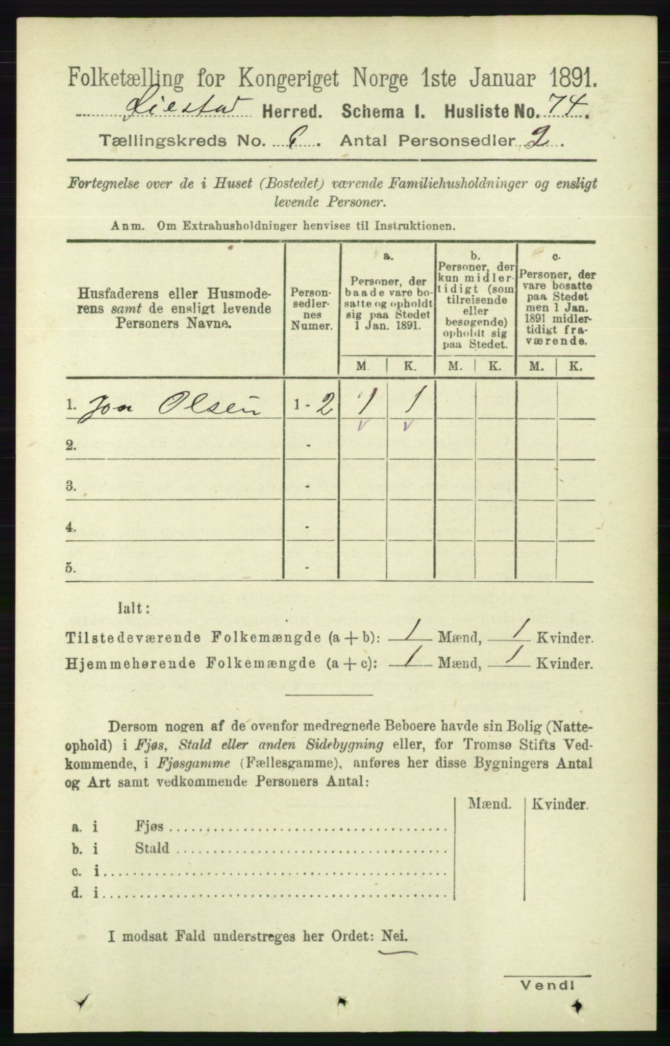 RA, 1891 census for 0920 Øyestad, 1891, p. 2126