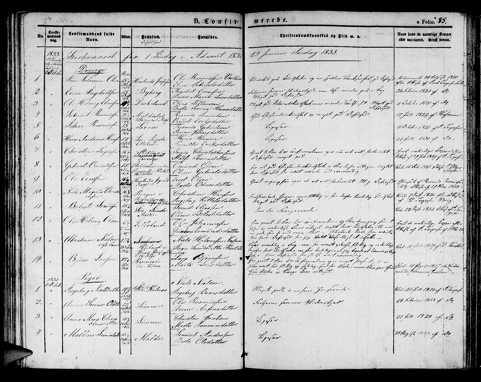 Håland sokneprestkontor, SAST/A-101802/001/30BA/L0005: Parish register (official) no. A 5, 1829-1841, p. 85