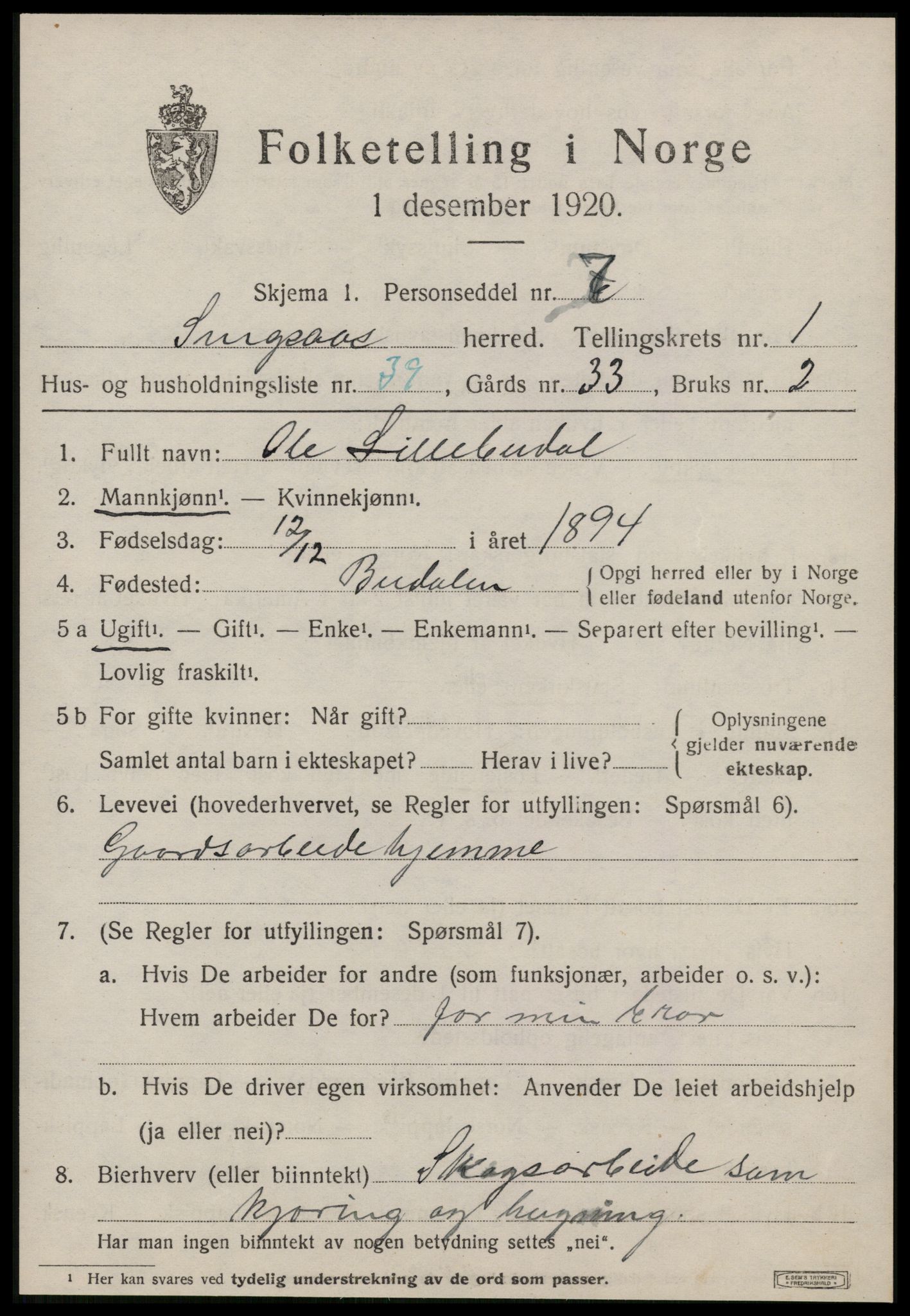 SAT, 1920 census for Singsås, 1920, p. 1119