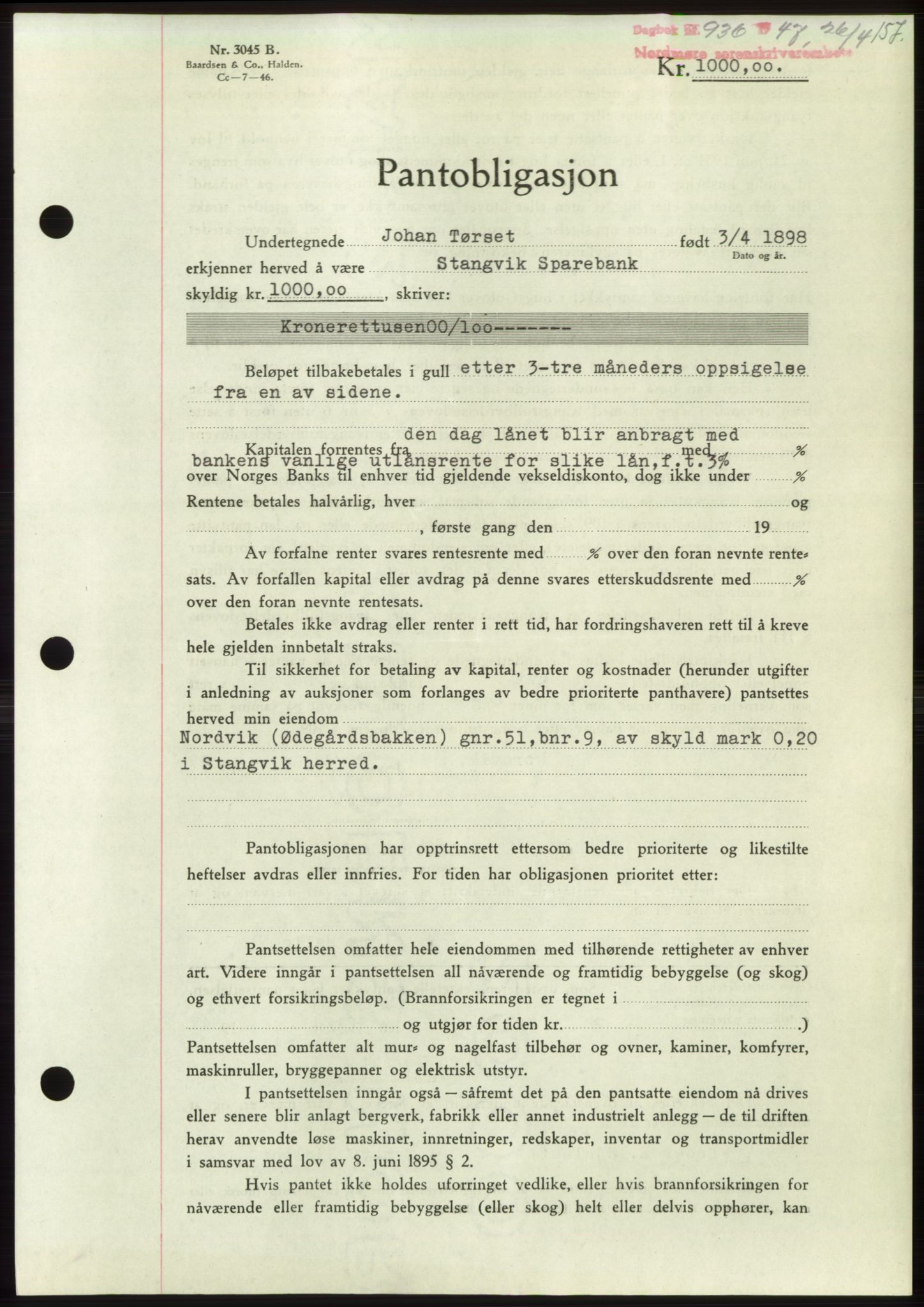 Nordmøre sorenskriveri, AV/SAT-A-4132/1/2/2Ca: Mortgage book no. B96, 1947-1947, Diary no: : 936/1947