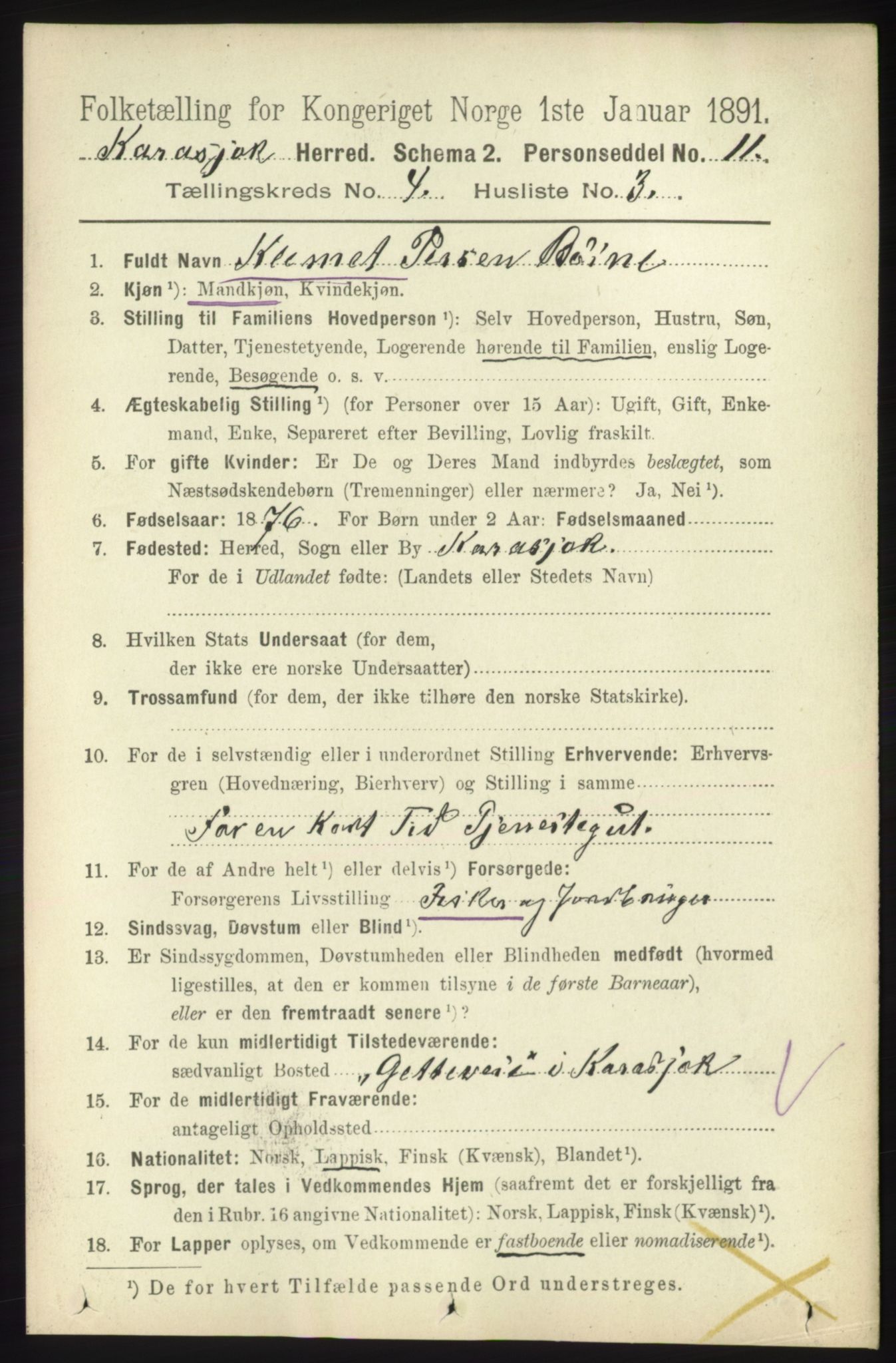 RA, 1891 census for 2021 Karasjok, 1891, p. 716