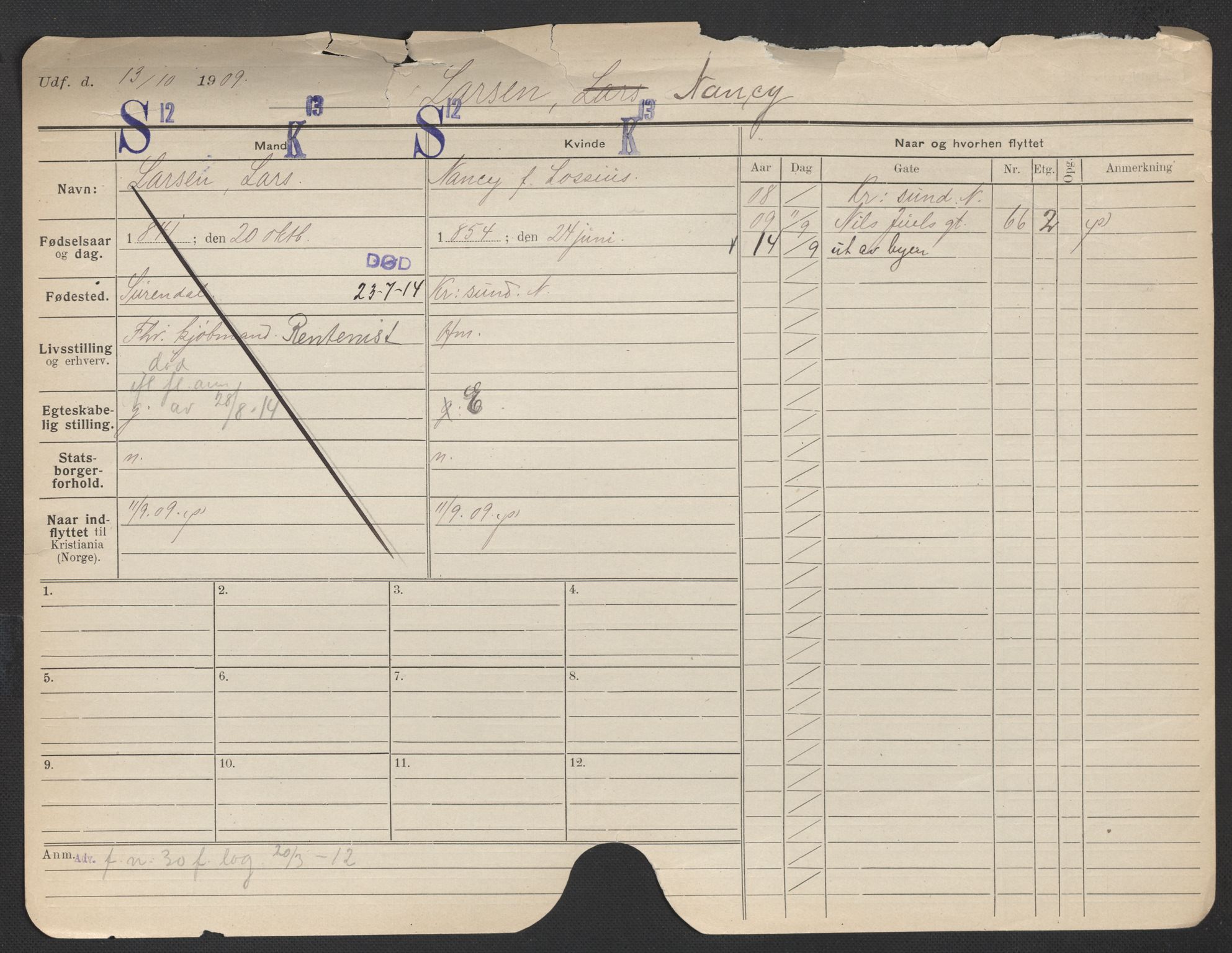 Oslo folkeregister, Registerkort, AV/SAO-A-11715/F/Fa/Fac/L0019: Kvinner, 1906-1914, p. 1098a