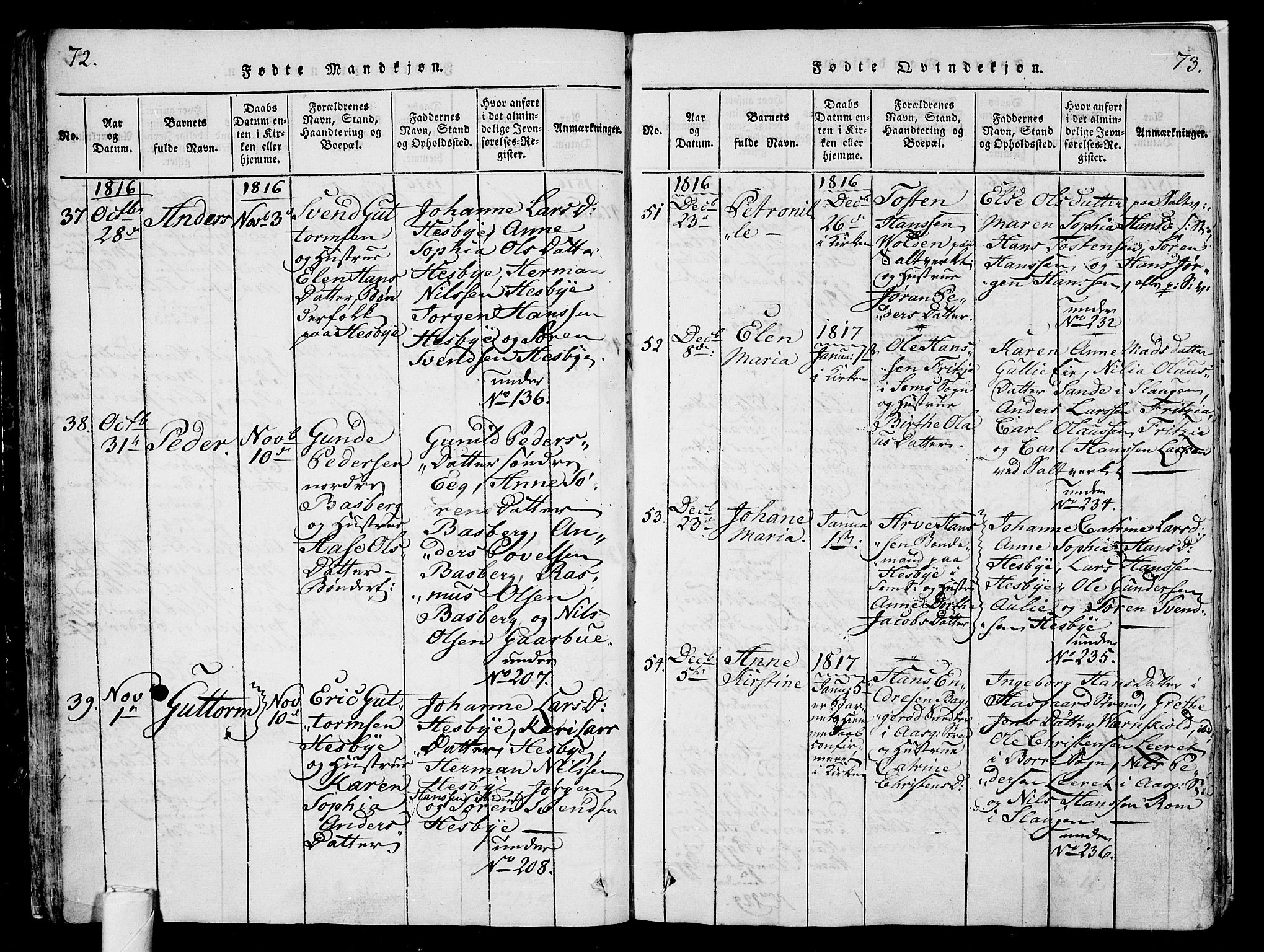 Sem kirkebøker, AV/SAKO-A-5/G/Ga/L0001: Parish register (copy) no. I 1, 1814-1825, p. 72-73