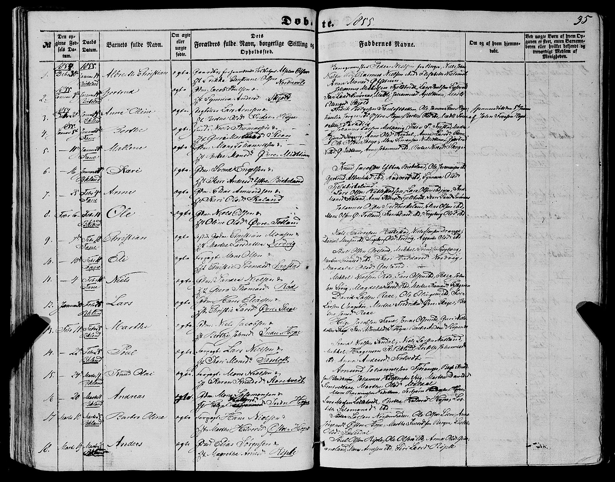 Fana Sokneprestembete, SAB/A-75101/H/Haa/Haaa/L0011: Parish register (official) no. A 11, 1851-1862, p. 35
