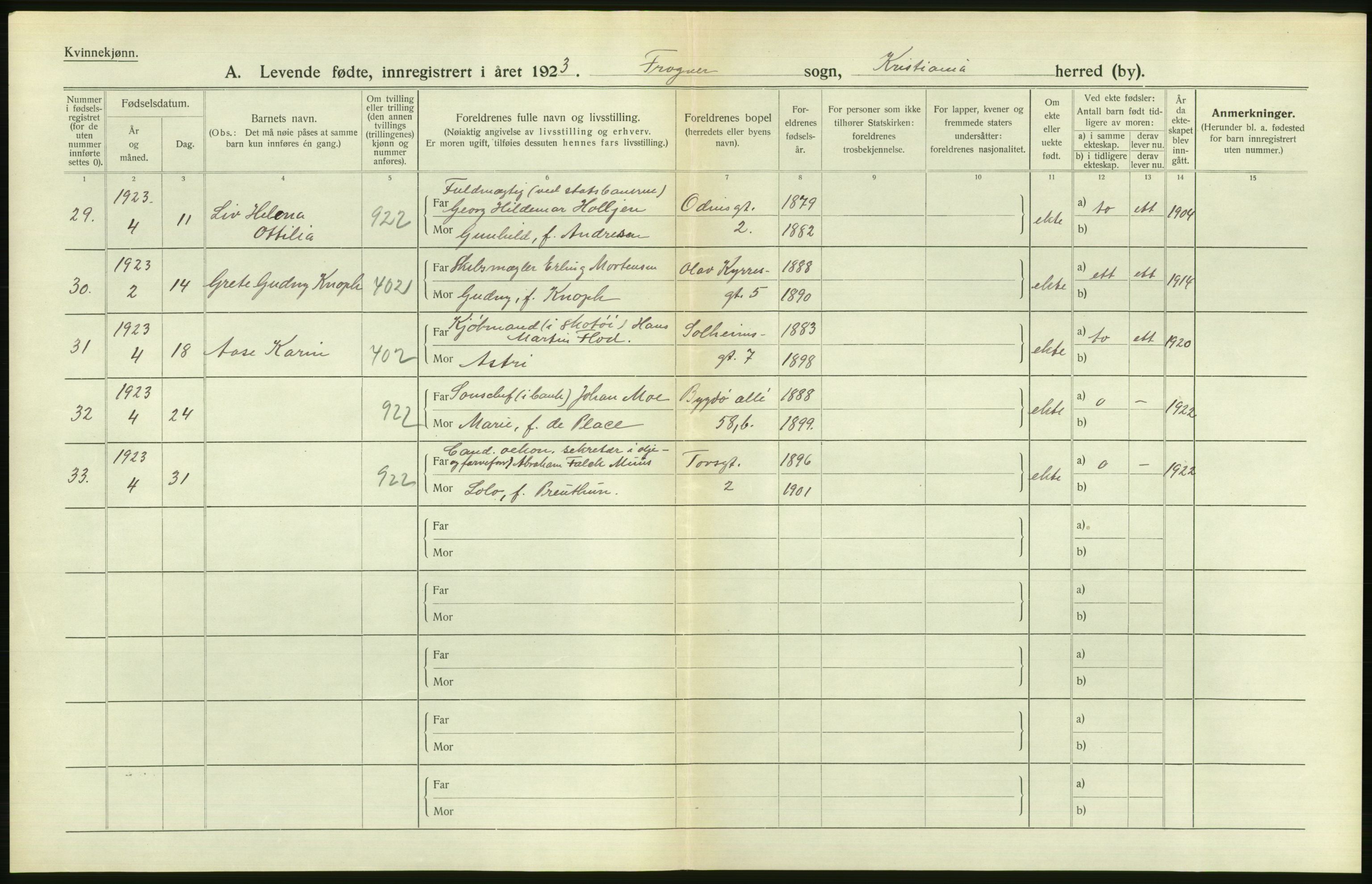 Statistisk sentralbyrå, Sosiodemografiske emner, Befolkning, AV/RA-S-2228/D/Df/Dfc/Dfcc/L0006: Kristiania: Levendefødte menn og kvinner., 1923, p. 654