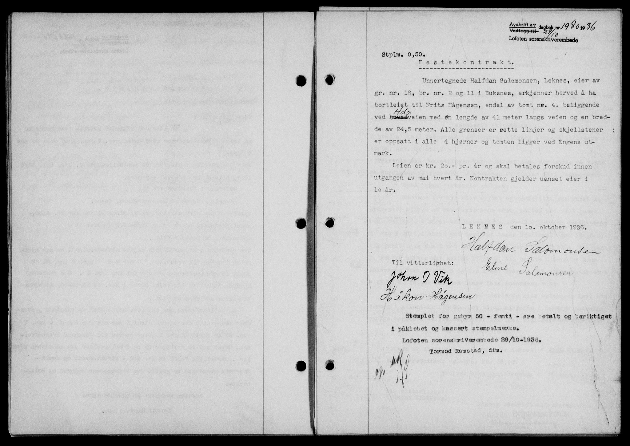 Lofoten sorenskriveri, SAT/A-0017/1/2/2C/L0001a: Mortgage book no. 1a, 1936-1937, Diary no: : 1980/1936
