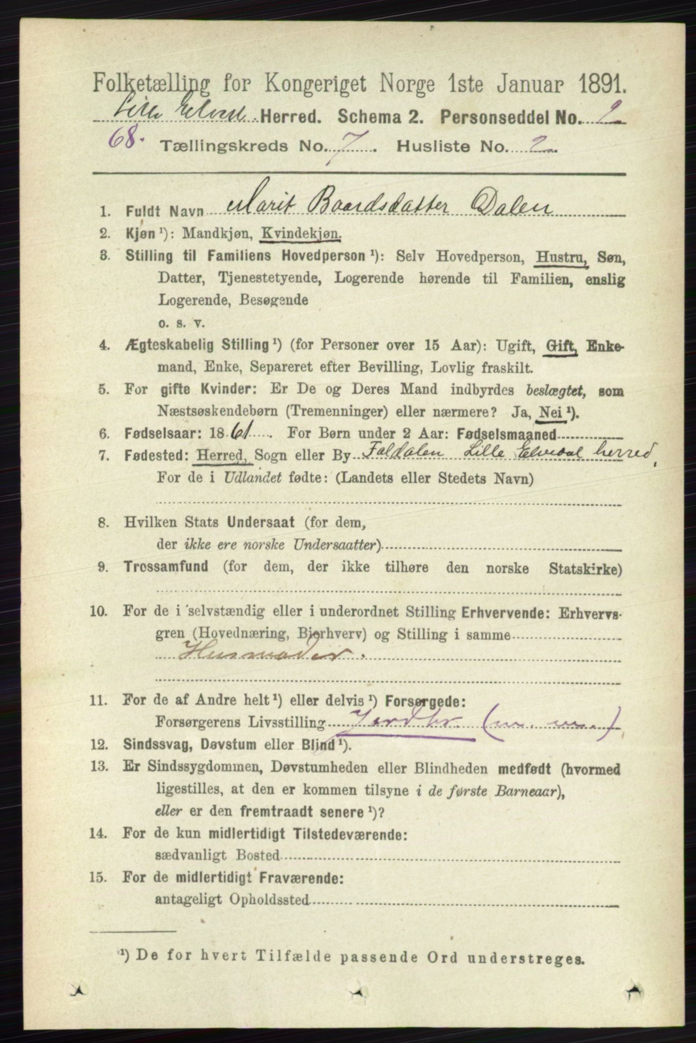 RA, 1891 census for 0438 Lille Elvedalen, 1891, p. 2278