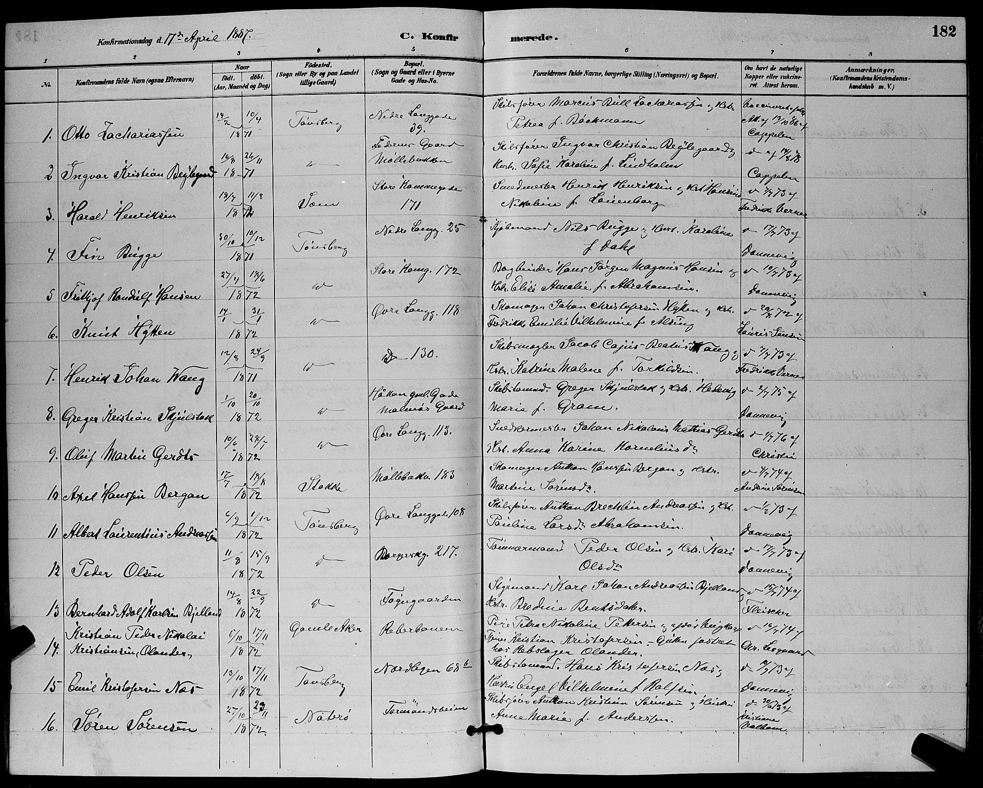 Tønsberg kirkebøker, AV/SAKO-A-330/G/Ga/L0006: Parish register (copy) no. 6, 1885-1895, p. 182