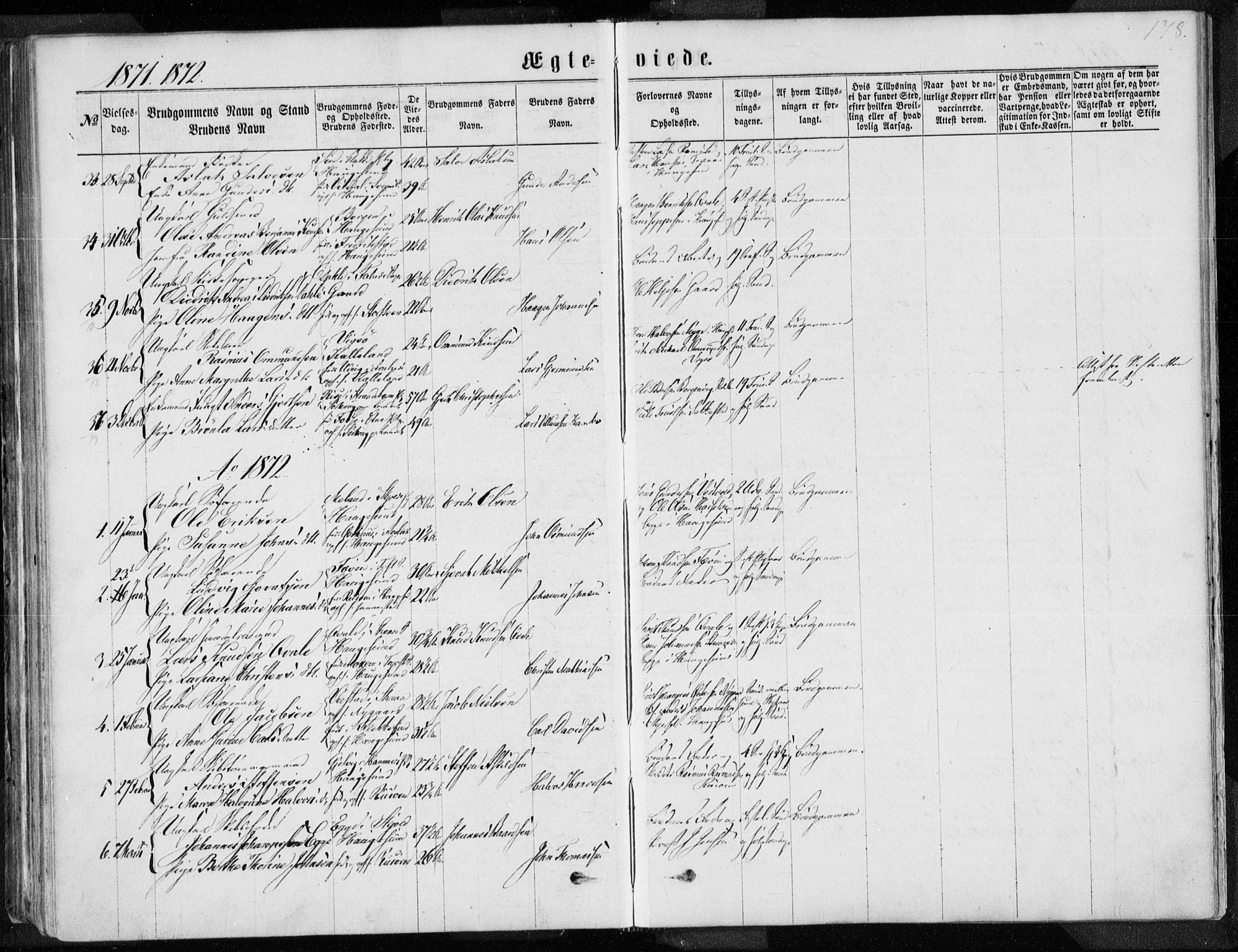 Torvastad sokneprestkontor, AV/SAST-A -101857/H/Ha/Haa/L0012: Parish register (official) no. A 12.1, 1867-1877, p. 178