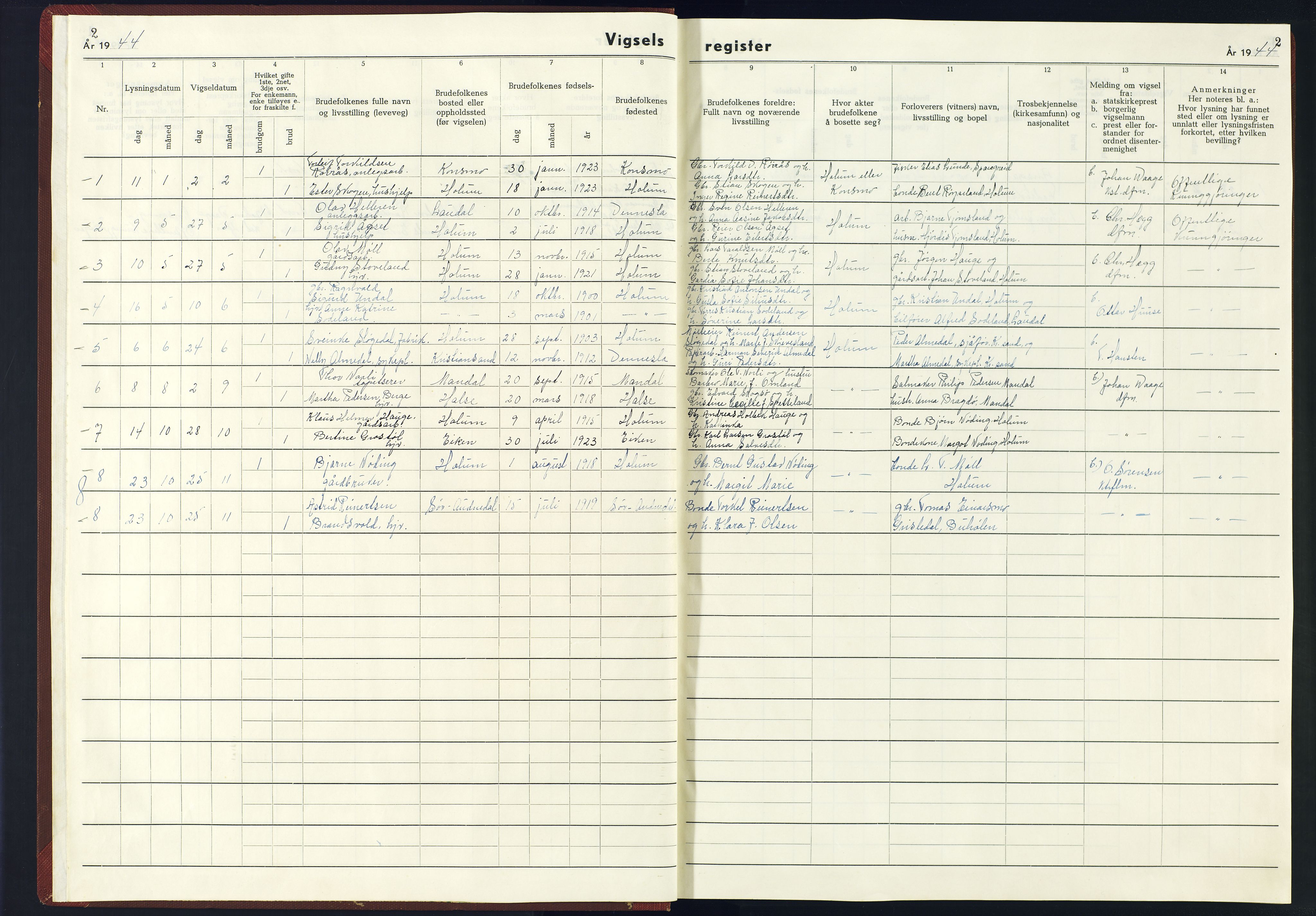 Holum sokneprestkontor, SAK/1111-0022/J/Jb/L0004: Marriage register no. II.6.4, 1943-1945, p. 2
