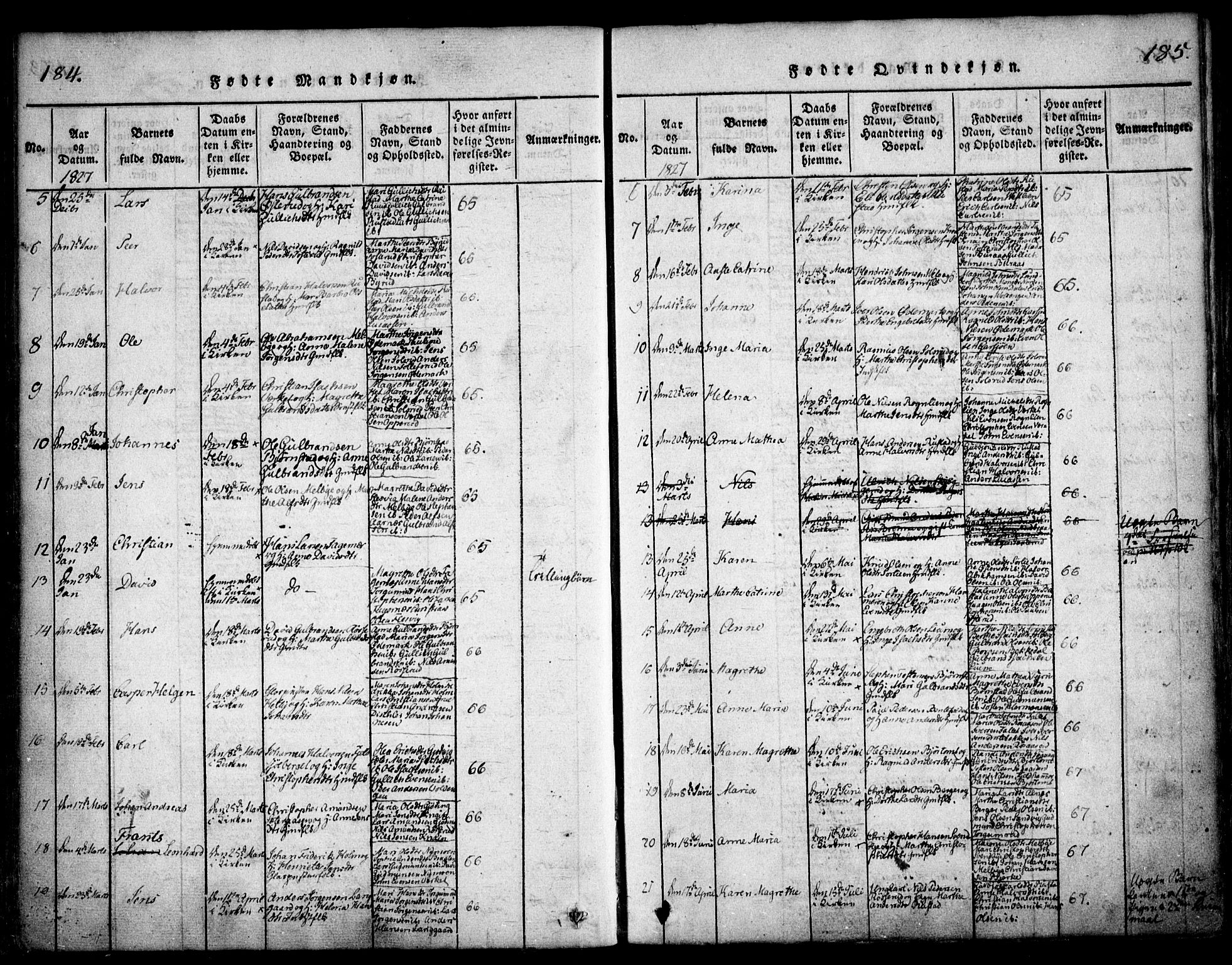Hurdal prestekontor Kirkebøker, SAO/A-10889/F/Fa/L0003: Parish register (official) no. I 3, 1815-1828, p. 184-185