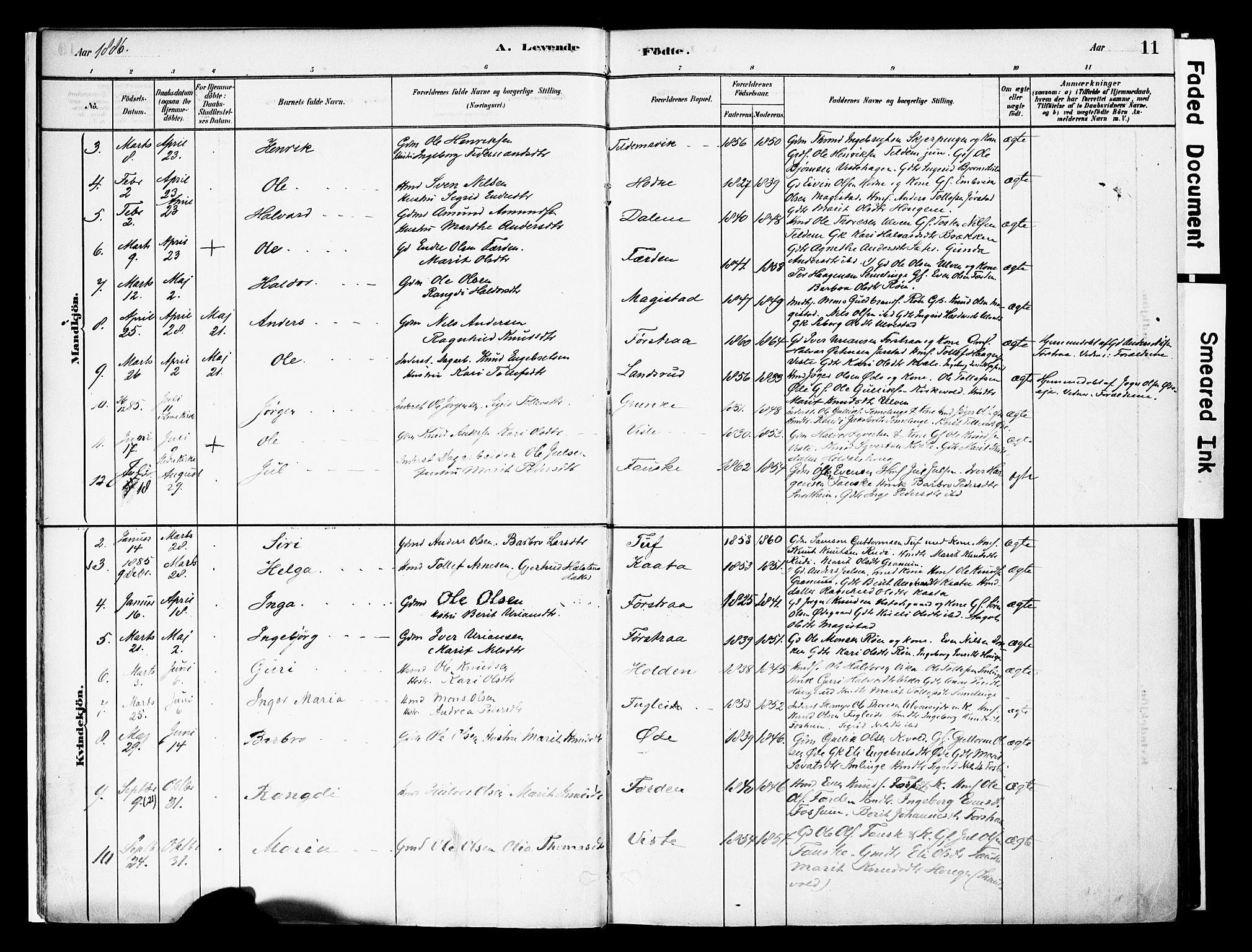 Vestre Slidre prestekontor, AV/SAH-PREST-136/H/Ha/Haa/L0006: Parish register (official) no. 6, 1881-1912, p. 11