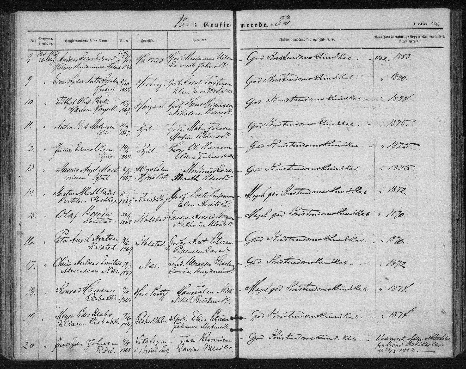 Ministerialprotokoller, klokkerbøker og fødselsregistre - Nordland, AV/SAT-A-1459/816/L0241: Parish register (official) no. 816A07, 1870-1885, p. 174