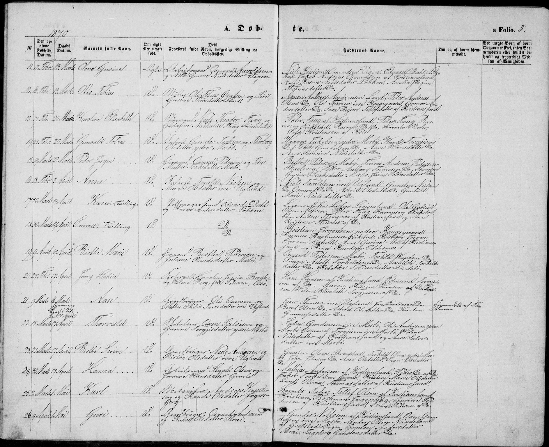 Oddernes sokneprestkontor, AV/SAK-1111-0033/F/Fb/Fba/L0007: Parish register (copy) no. B 7, 1869-1887, p. 3