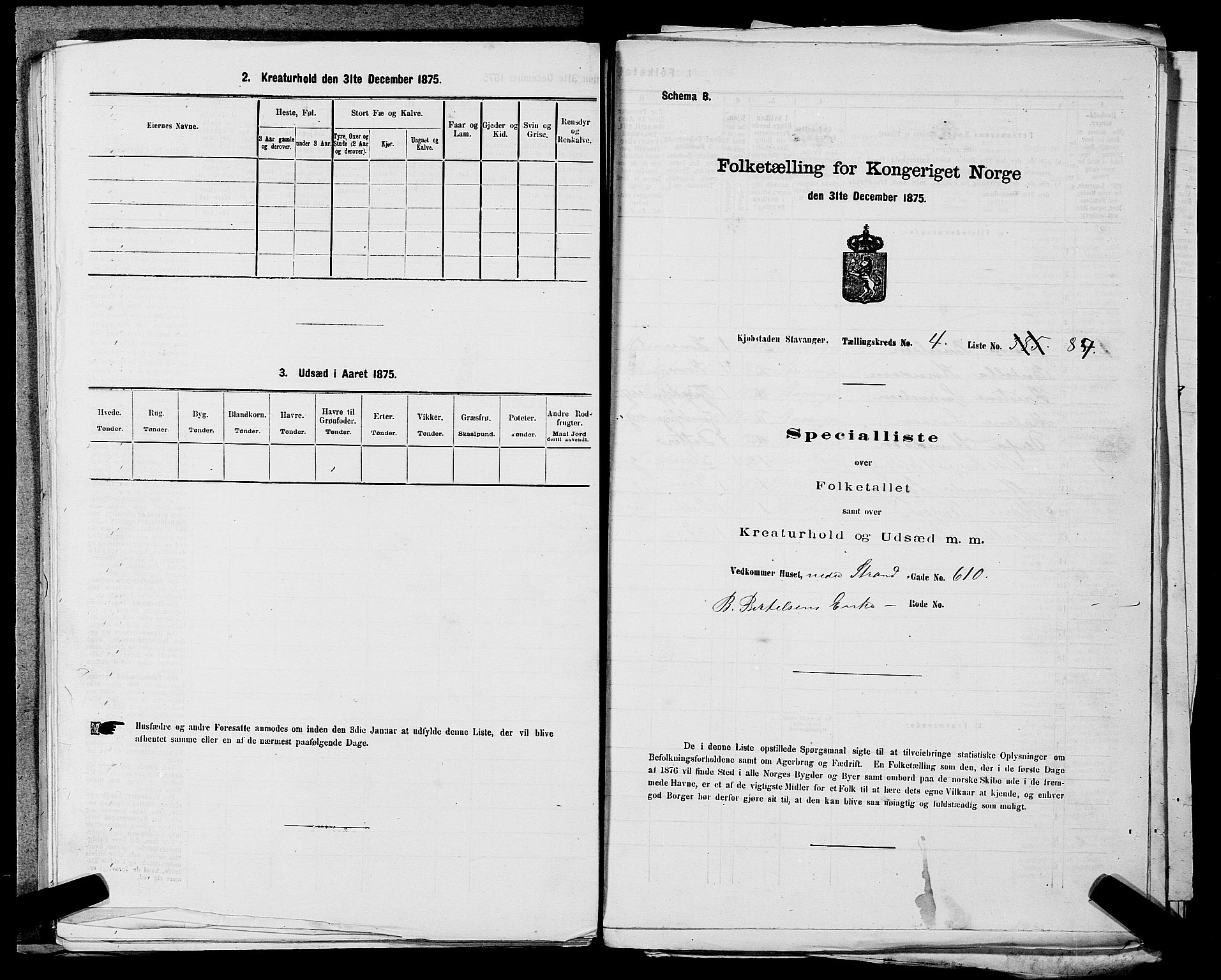 SAST, 1875 census for 1103 Stavanger, 1875, p. 825