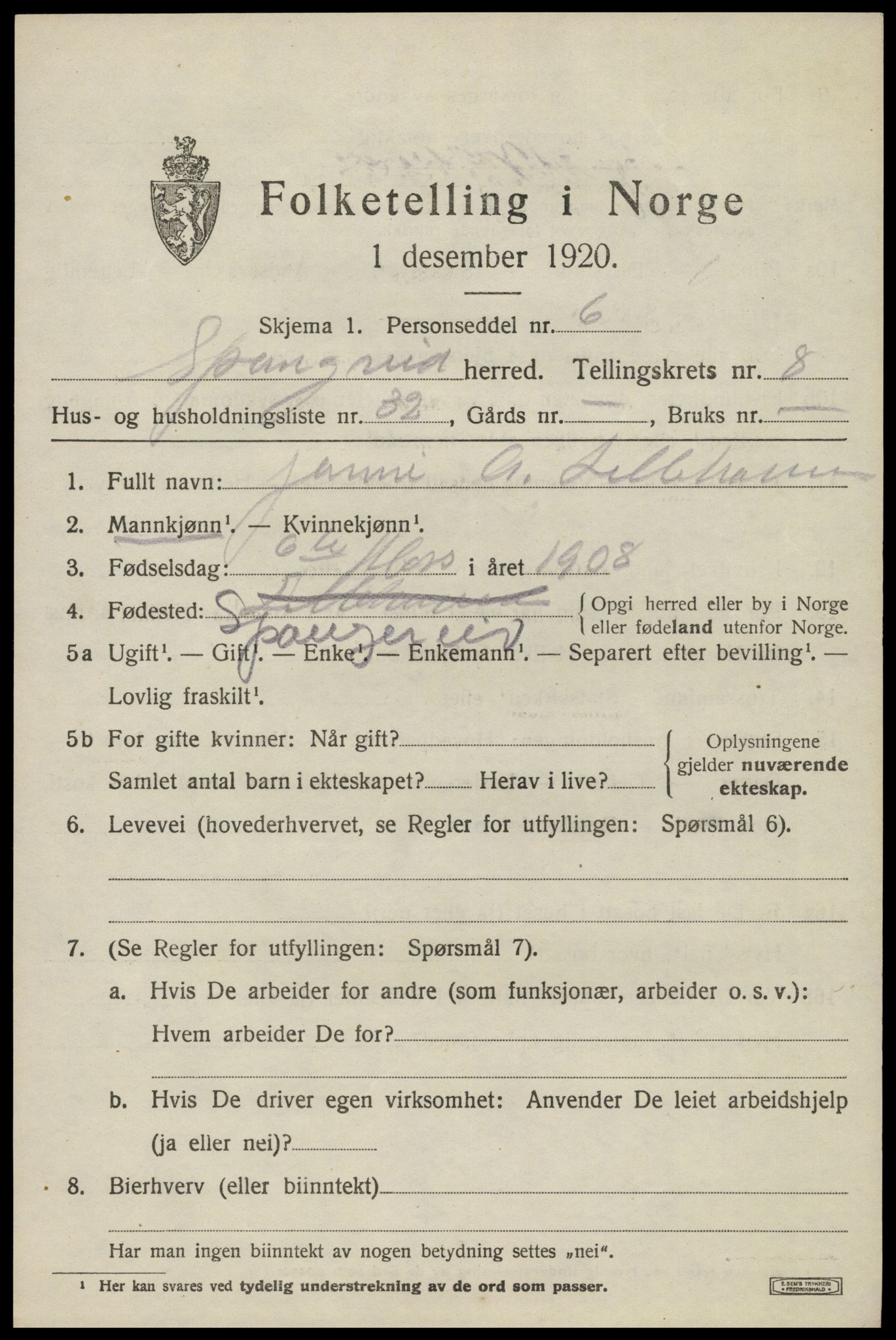 SAK, 1920 census for Spangereid, 1920, p. 3167