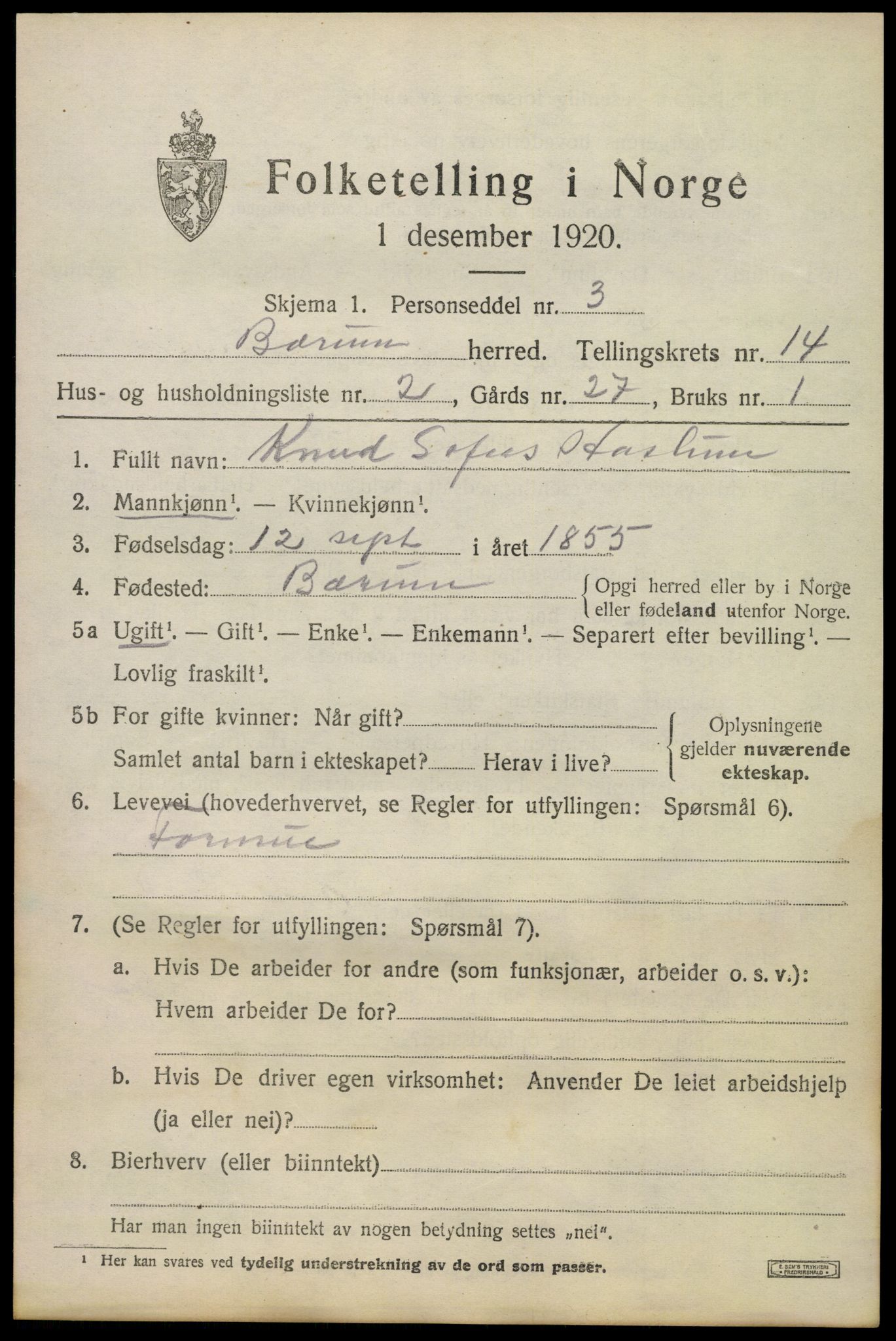 SAO, 1920 census for Bærum, 1920, p. 41144