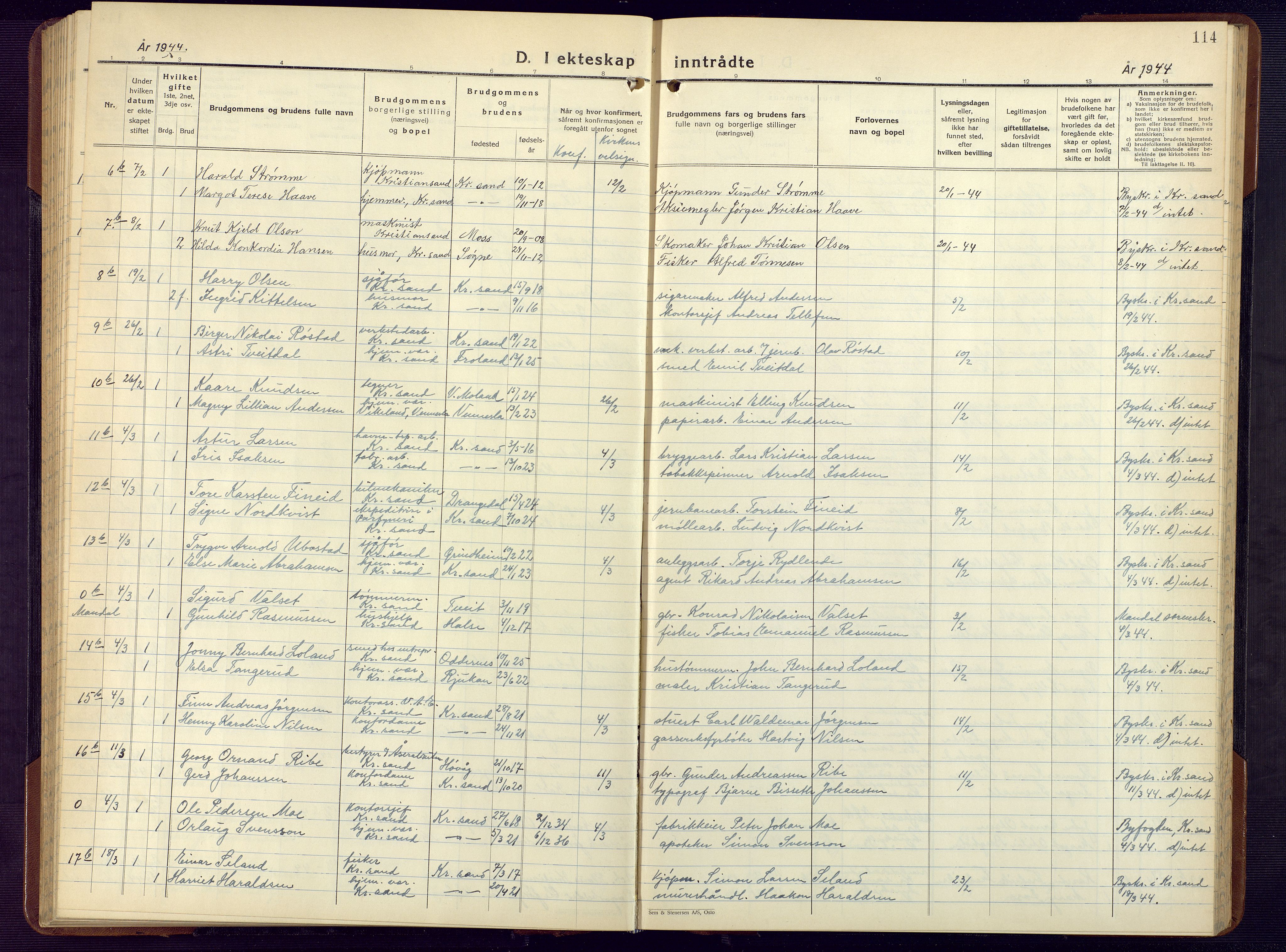 Kristiansand domprosti, AV/SAK-1112-0006/F/Fb/L0029: Parish register (copy) no. B 29, 1937-1945, p. 114