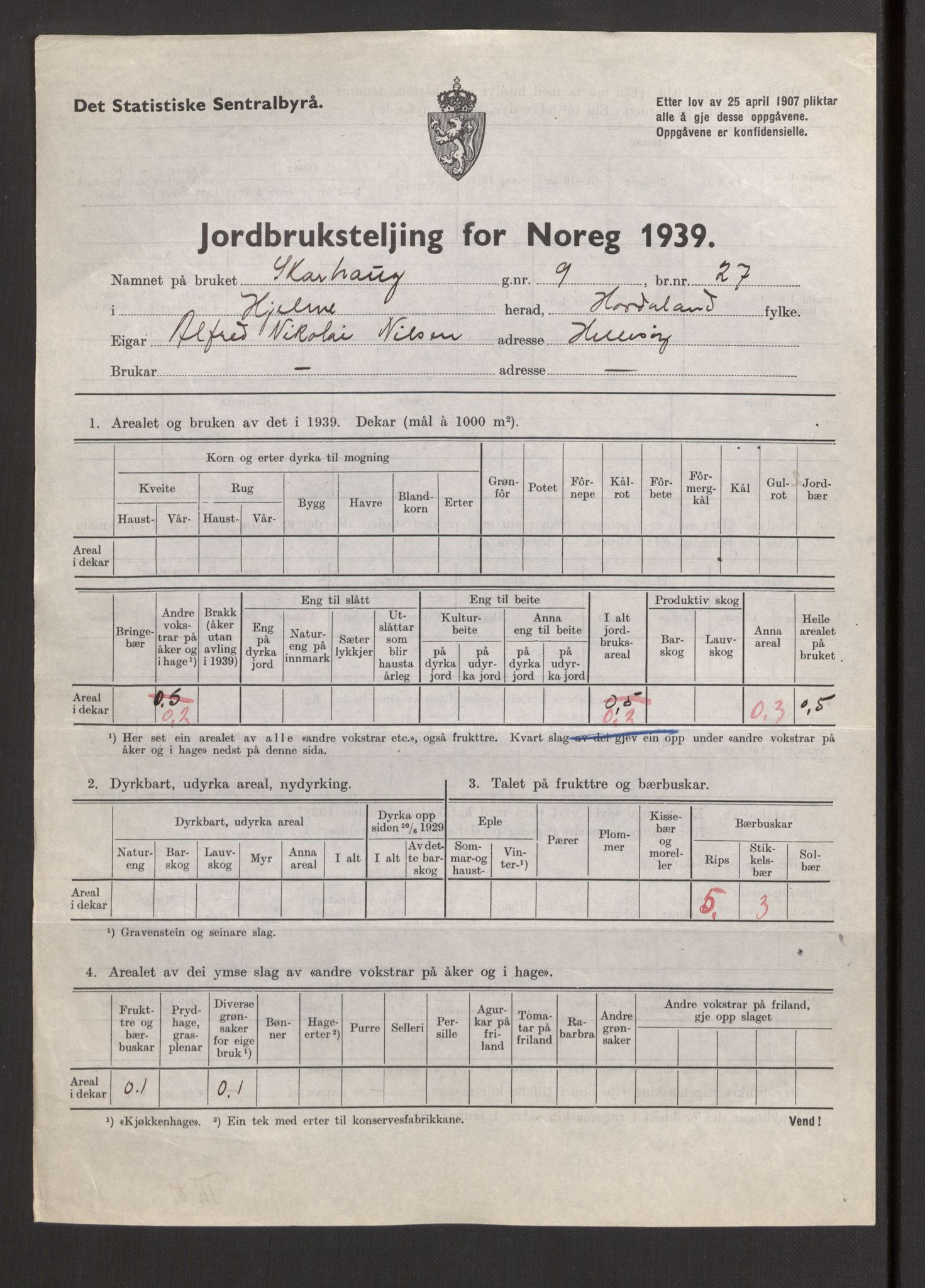 Statistisk sentralbyrå, Næringsøkonomiske emner, Jordbruk, skogbruk, jakt, fiske og fangst, AV/RA-S-2234/G/Gb/L0211: Hordaland: Herdla, Hjelme og Manger, 1939, p. 1157