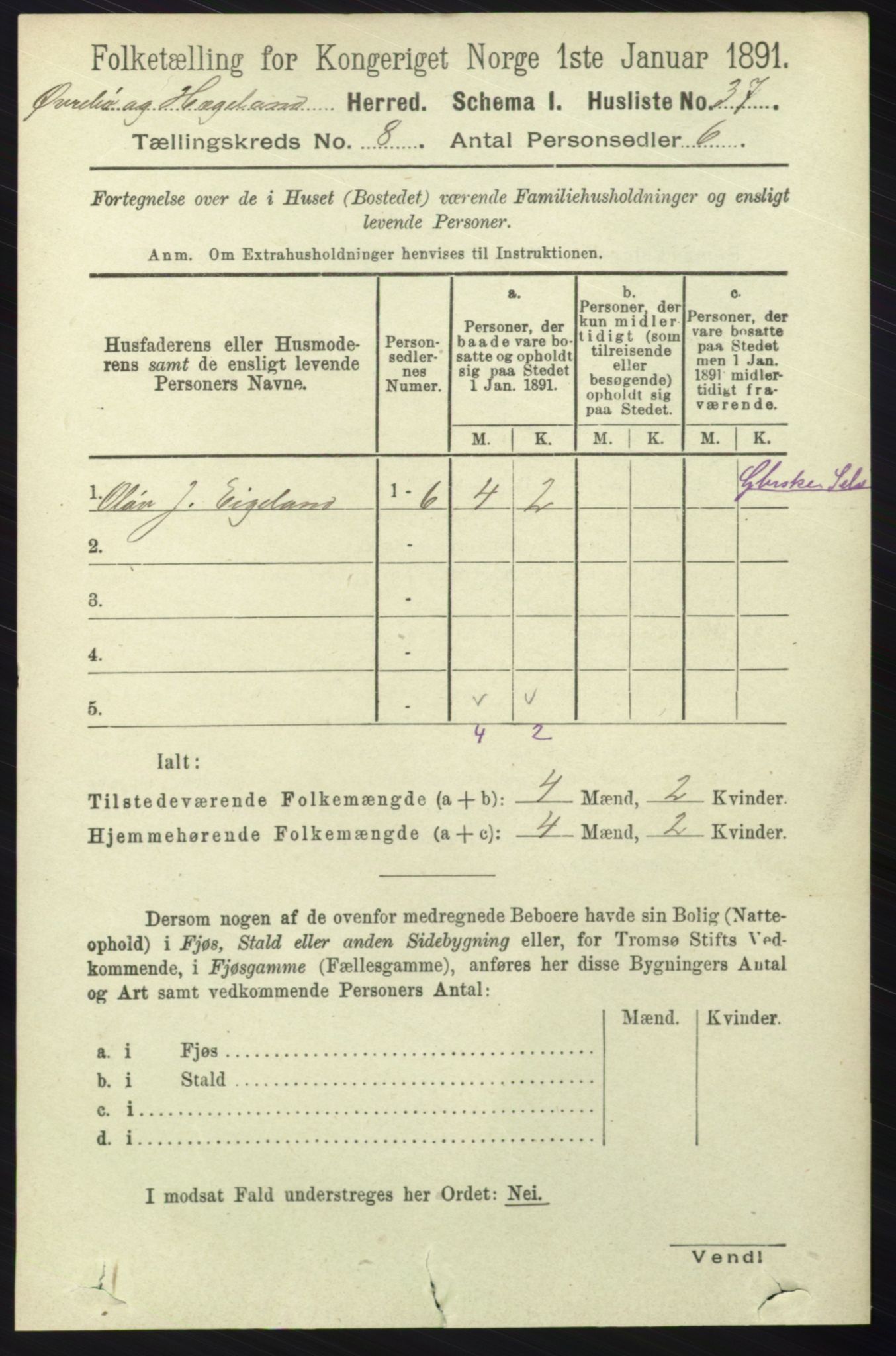 RA, 1891 census for 1016 Øvrebø og Hægeland, 1891, p. 1469