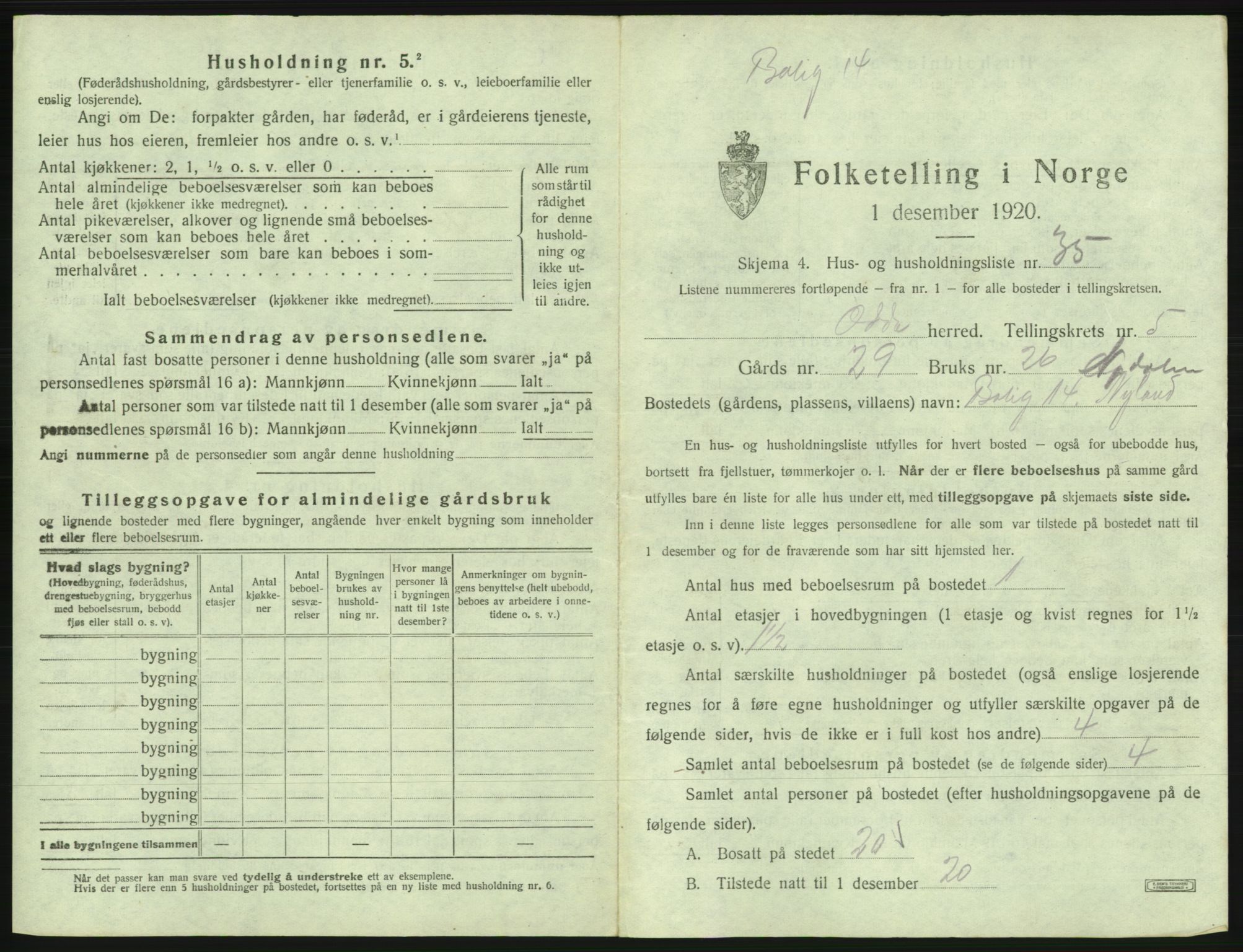 SAB, 1920 census for Odda, 1920, p. 431