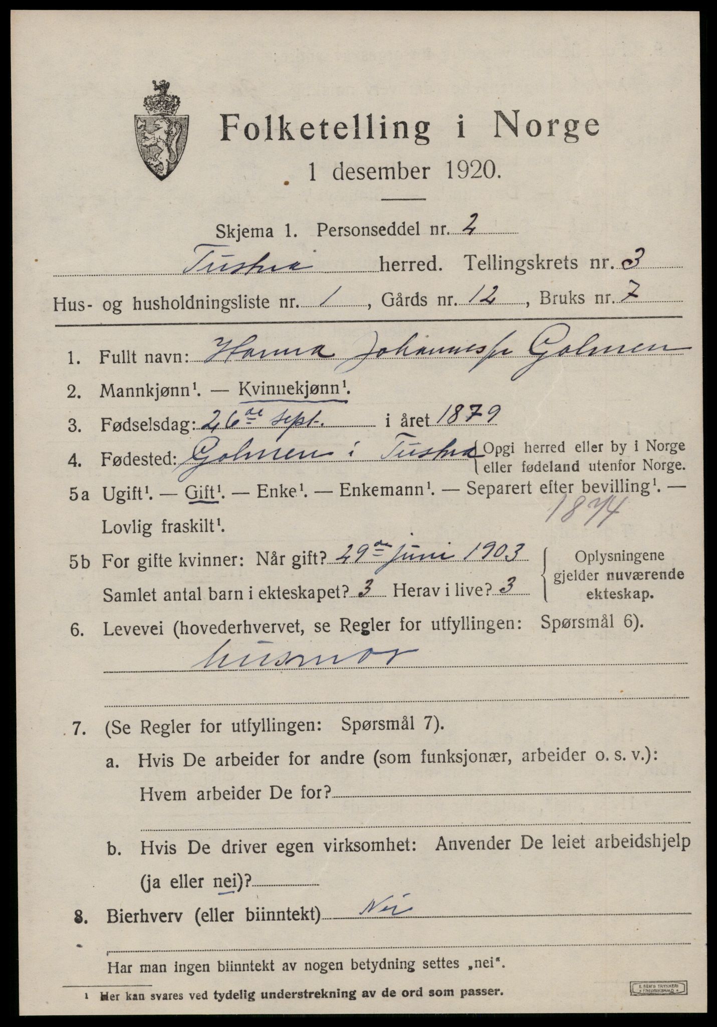 SAT, 1920 census for Tustna, 1920, p. 1459