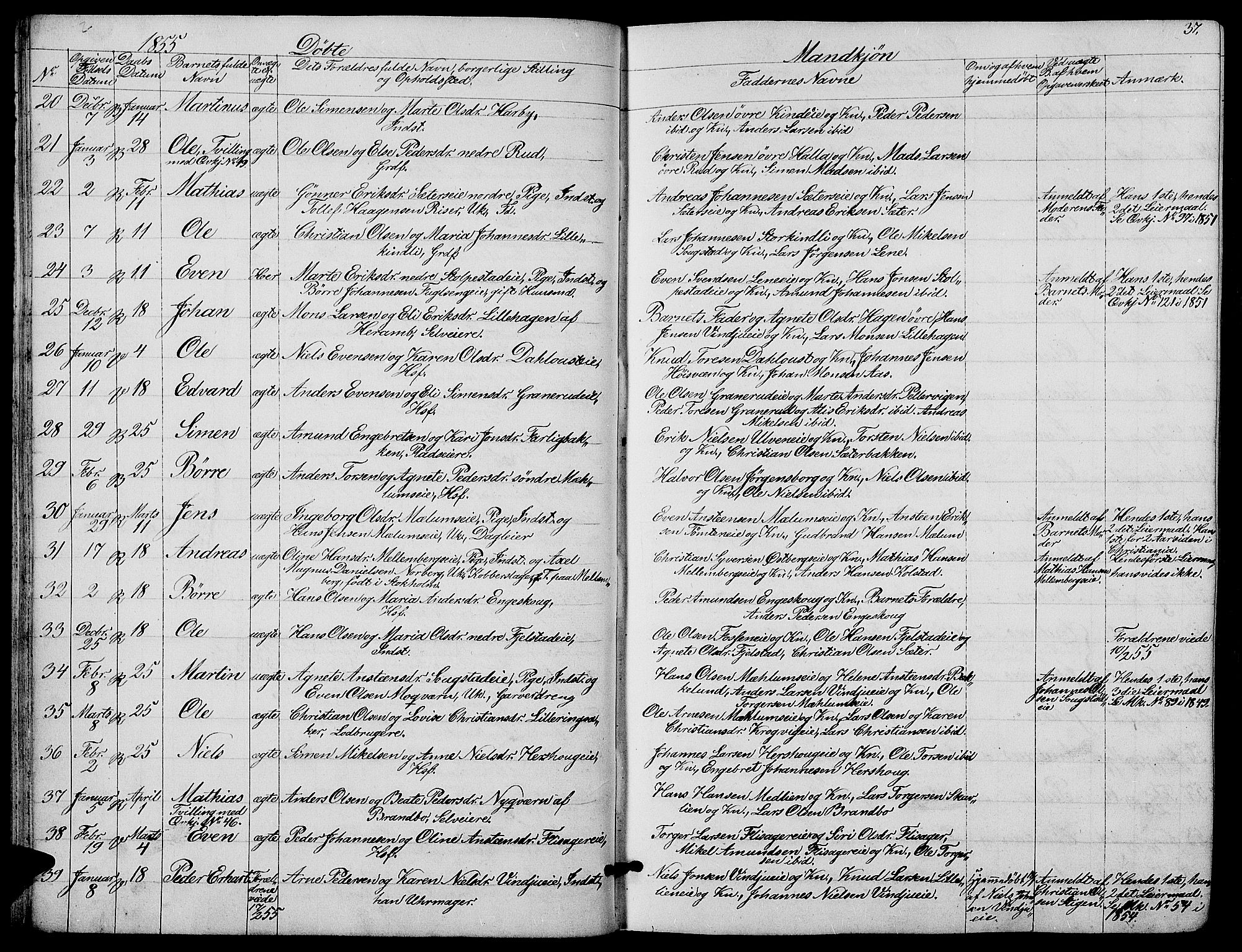 Ringsaker prestekontor, AV/SAH-PREST-014/L/La/L0006: Parish register (copy) no. 6, 1851-1860, p. 37