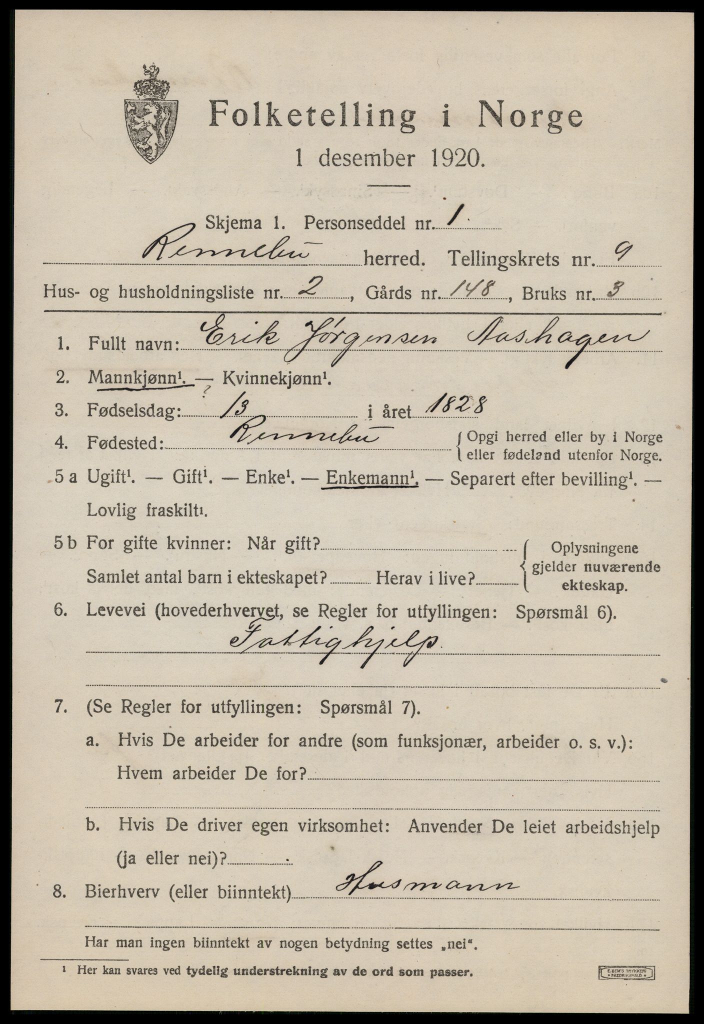 SAT, 1920 census for Rennebu, 1920, p. 5834