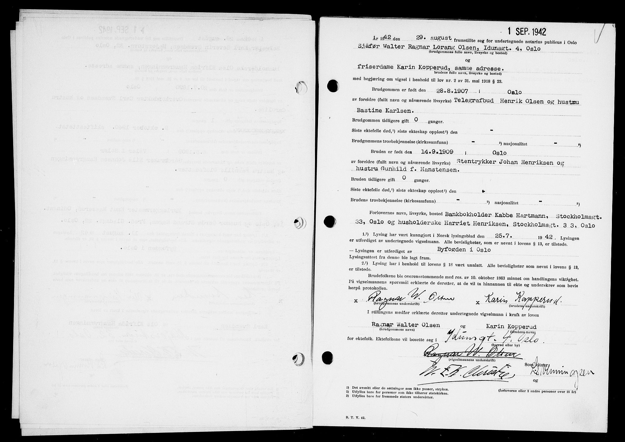 Oslo byfogd avd. I, AV/SAO-A-10220/L/Lb/Lbb/L0041: Notarialprotokoll, rekke II: Vigsler, 1942