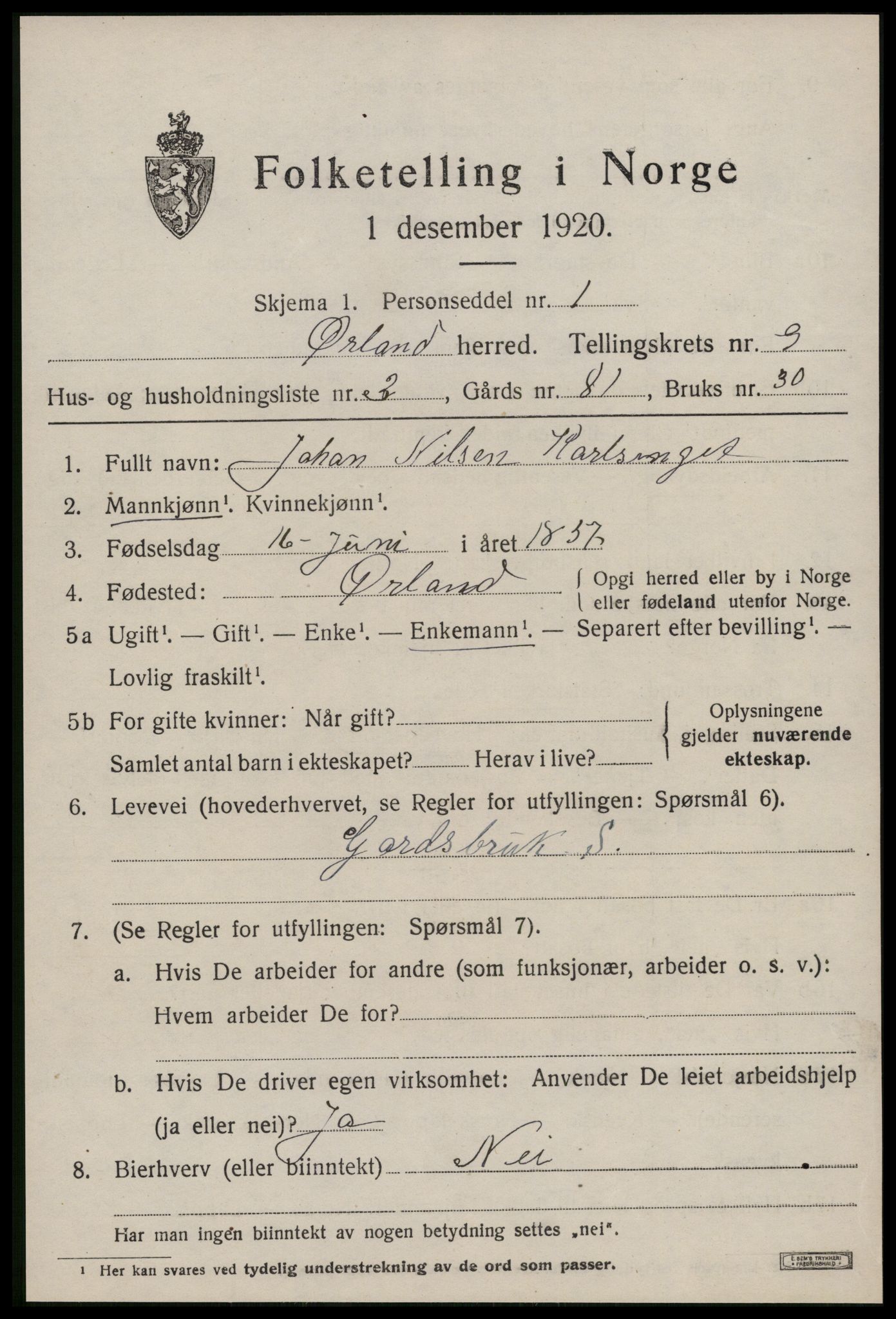 SAT, 1920 census for Ørland, 1920, p. 7865