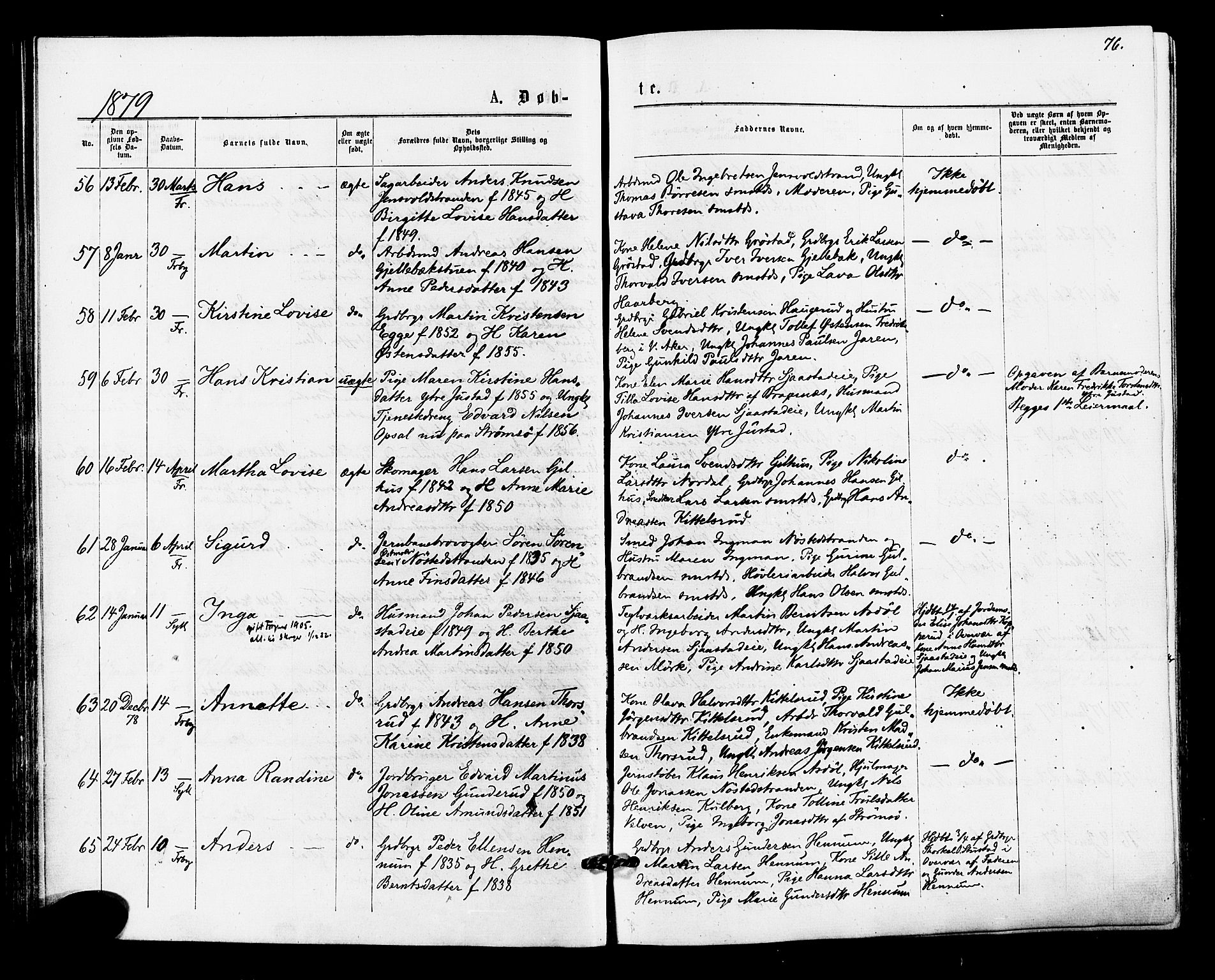 Lier kirkebøker, SAKO/A-230/F/Fa/L0014: Parish register (official) no. I 14, 1875-1882, p. 76