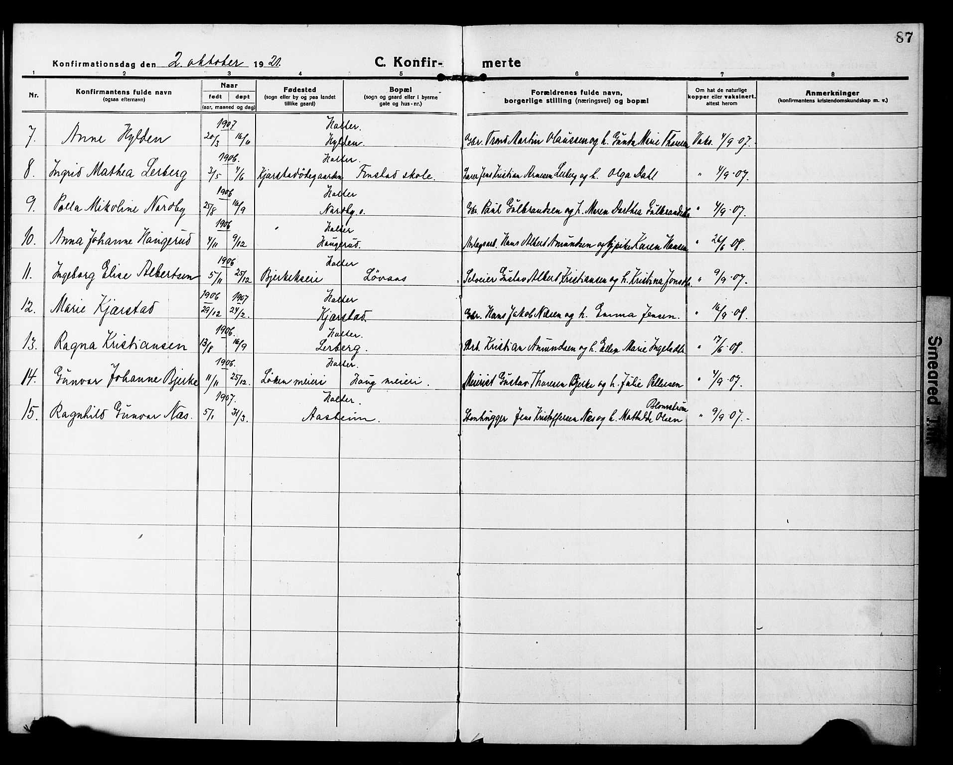 Nannestad prestekontor Kirkebøker, SAO/A-10414a/G/Gb/L0002: Parish register (copy) no. II 2, 1918-1929, p. 87