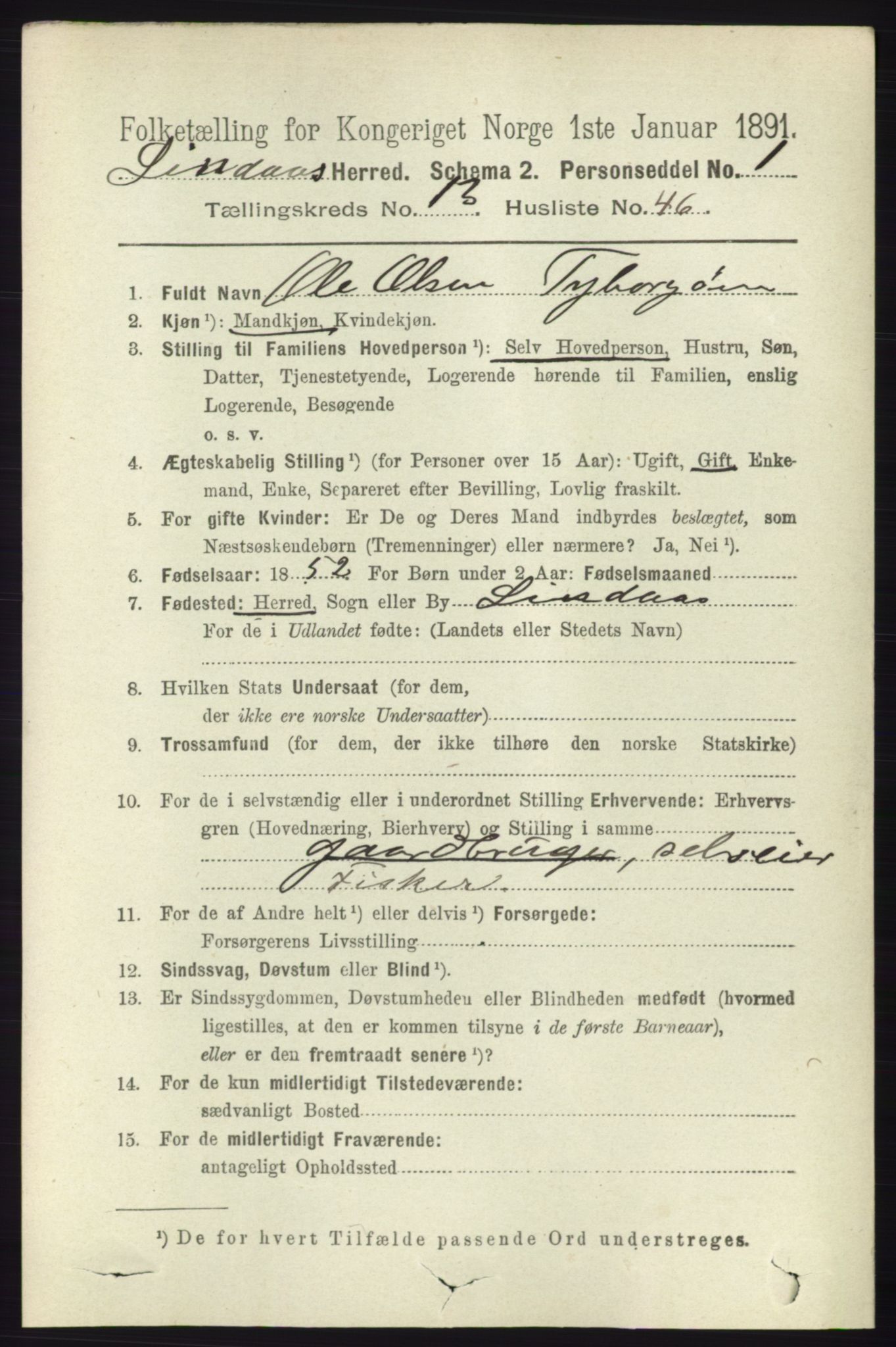 RA, 1891 census for 1263 Lindås, 1891, p. 4828