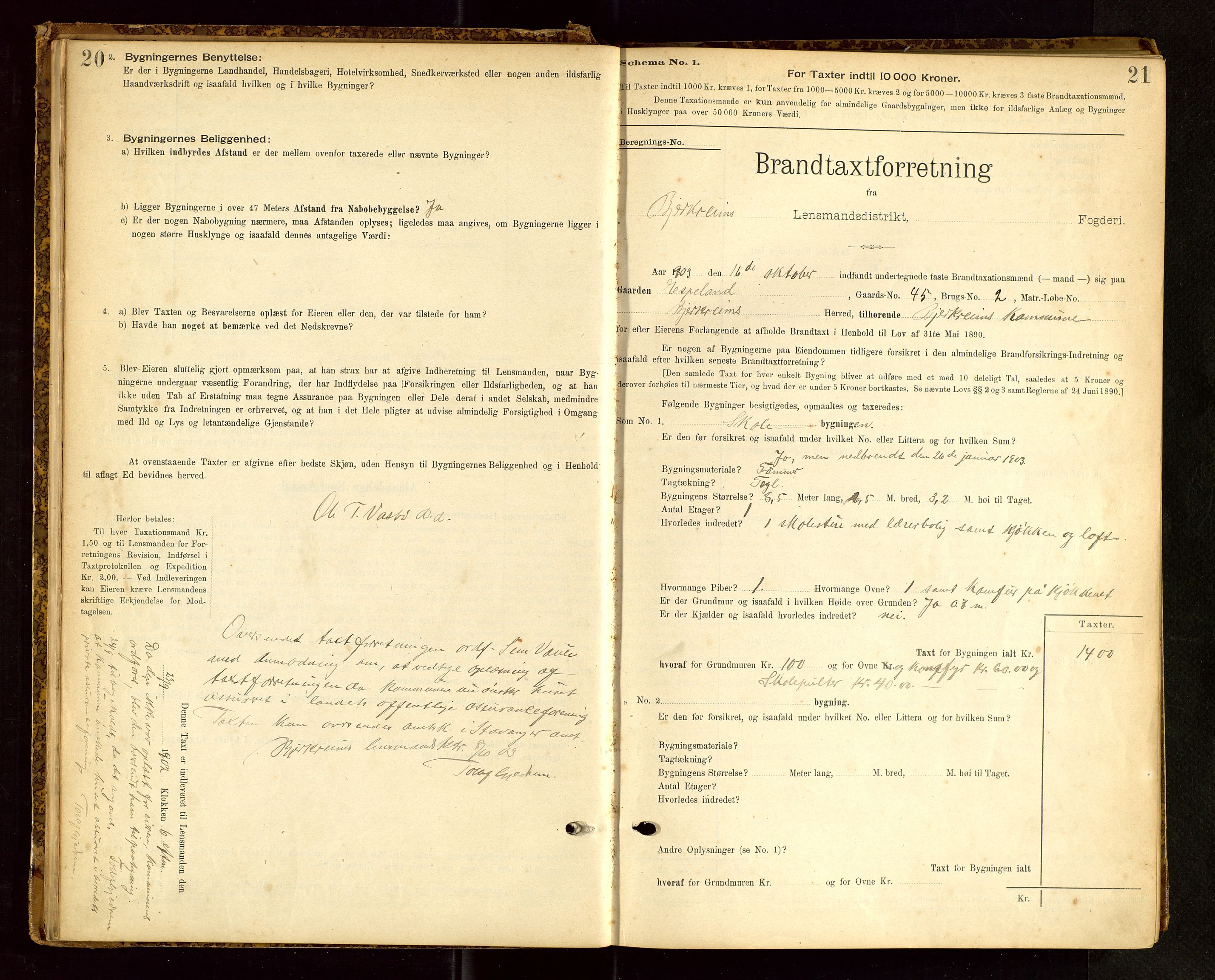 Bjerkreim lensmannskontor, SAST/A-100090/Gob/L0001: "Brandtaxationsprotokol", 1895-1950, p. 20-21