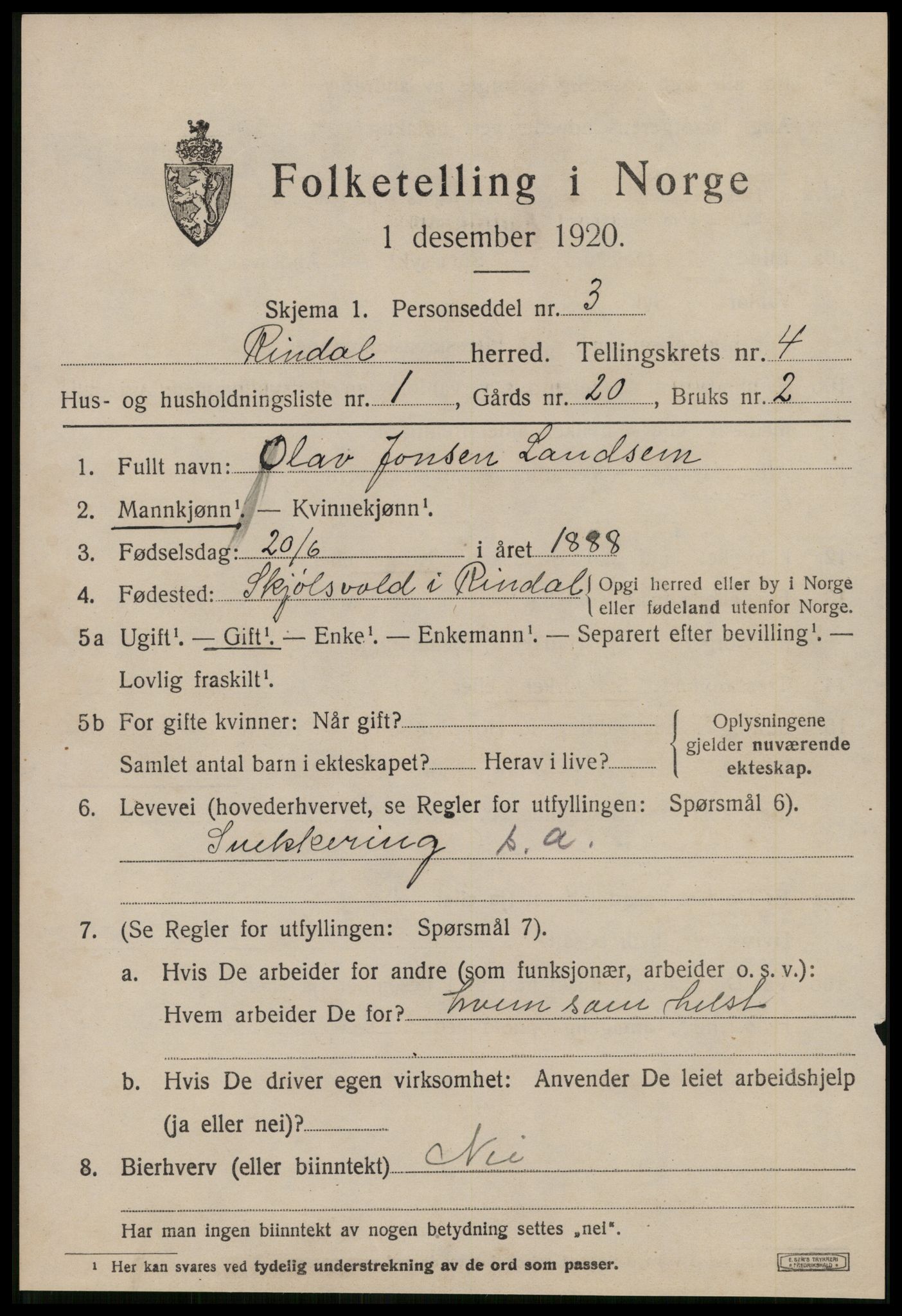 SAT, 1920 census for Rindal, 1920, p. 2314