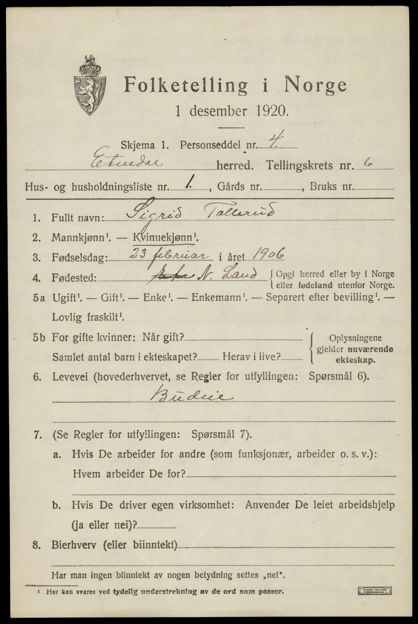 SAH, 1920 census for Etnedal, 1920, p. 2246