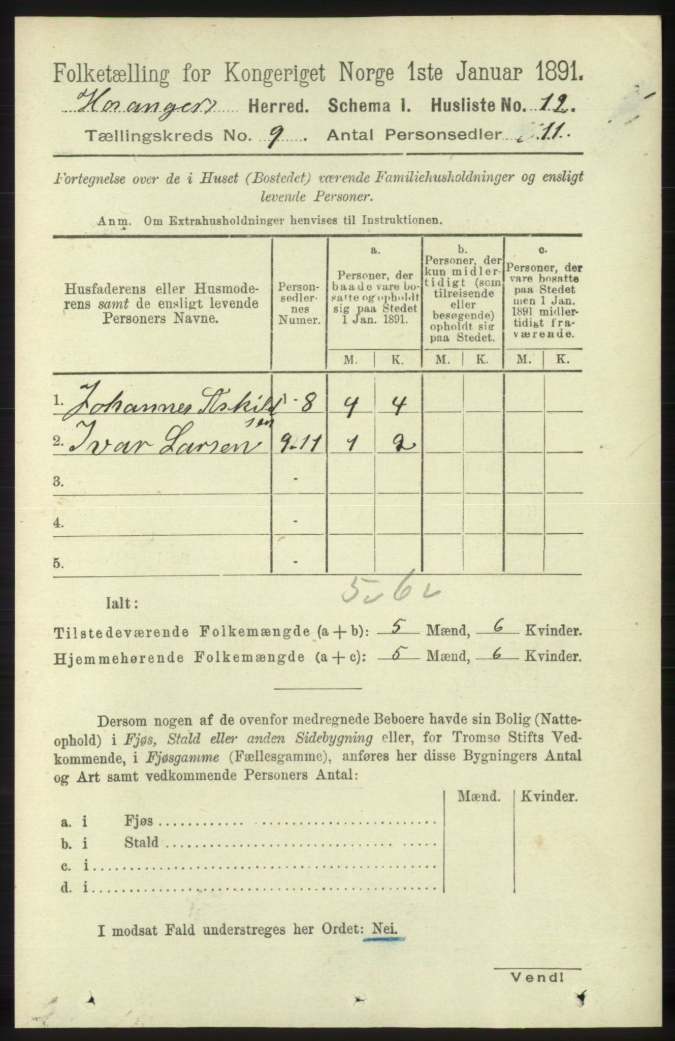 RA, 1891 census for 1253 Hosanger, 1891, p. 3281