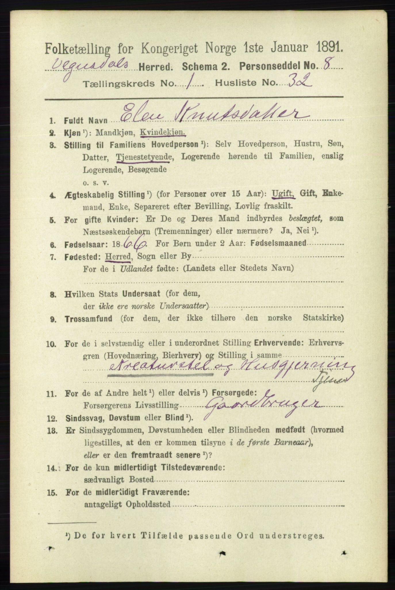 RA, 1891 census for 0934 Vegusdal, 1891, p. 280