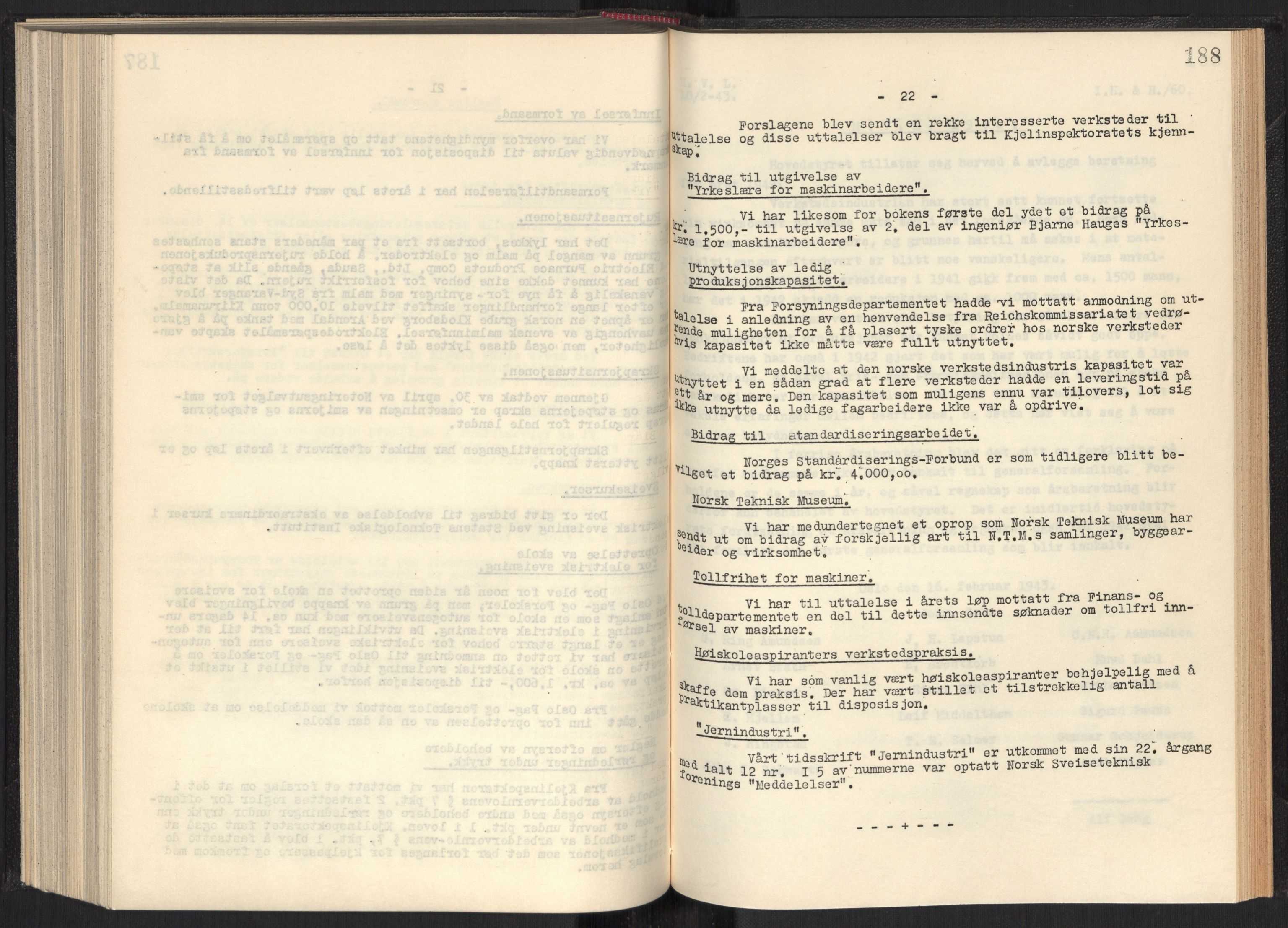 Teknologibedriftenes Landsforening TBL, RA/PA-1700/A/Ad/L0006: Årsberetning med register, 1937-1943, p. 188