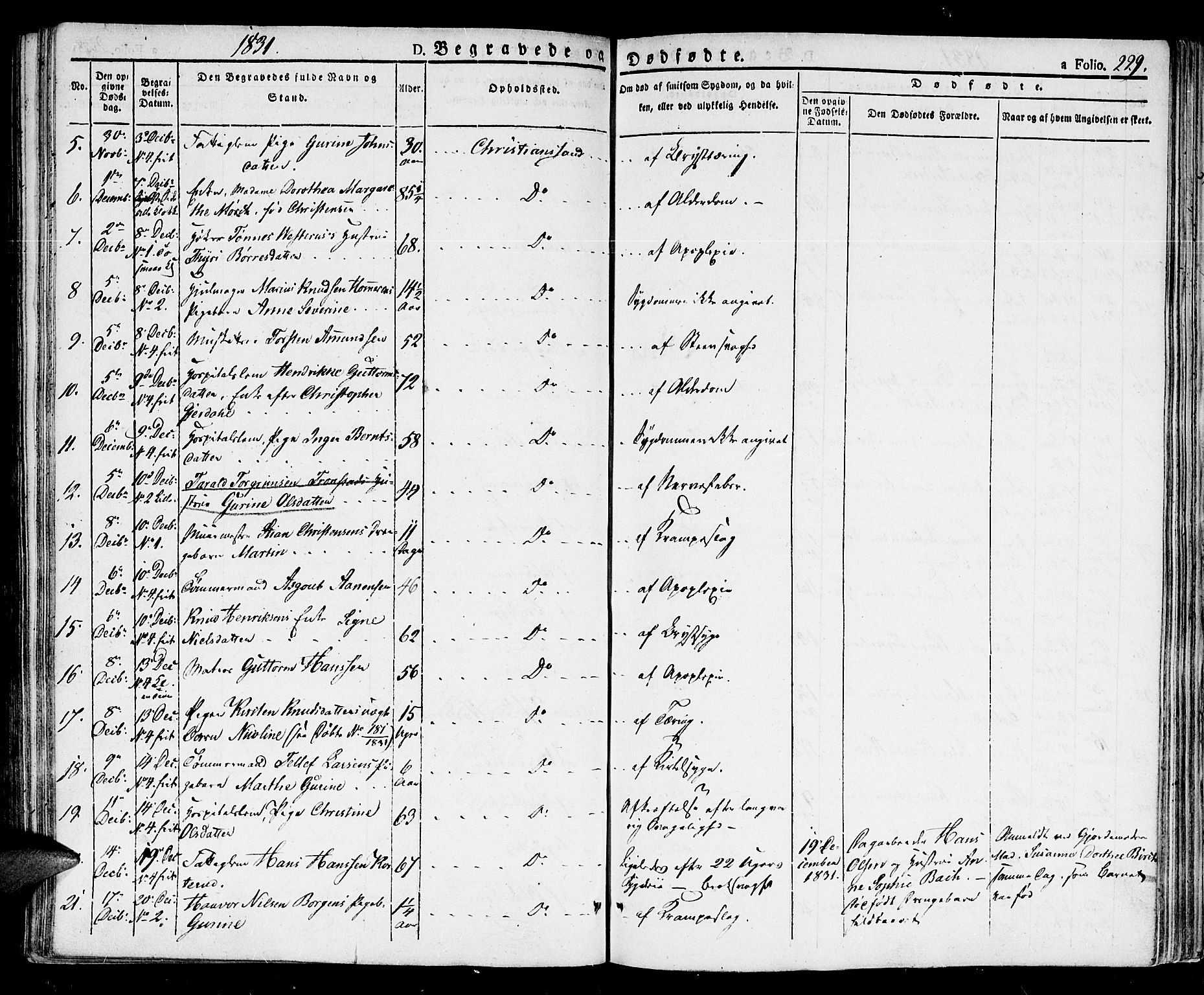 Kristiansand domprosti, SAK/1112-0006/F/Fb/L0007: Parish register (copy) no. B 7, 1829-1837, p. 229