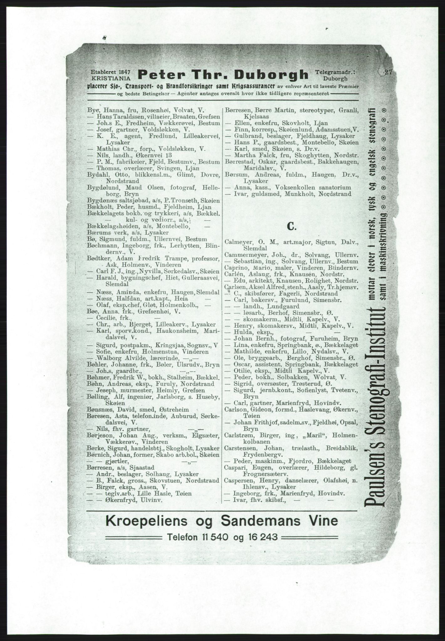 Aker adressebok/adressekalender, PUBL/001/A/001: Akers adressebok, 1916-1917, p. 27