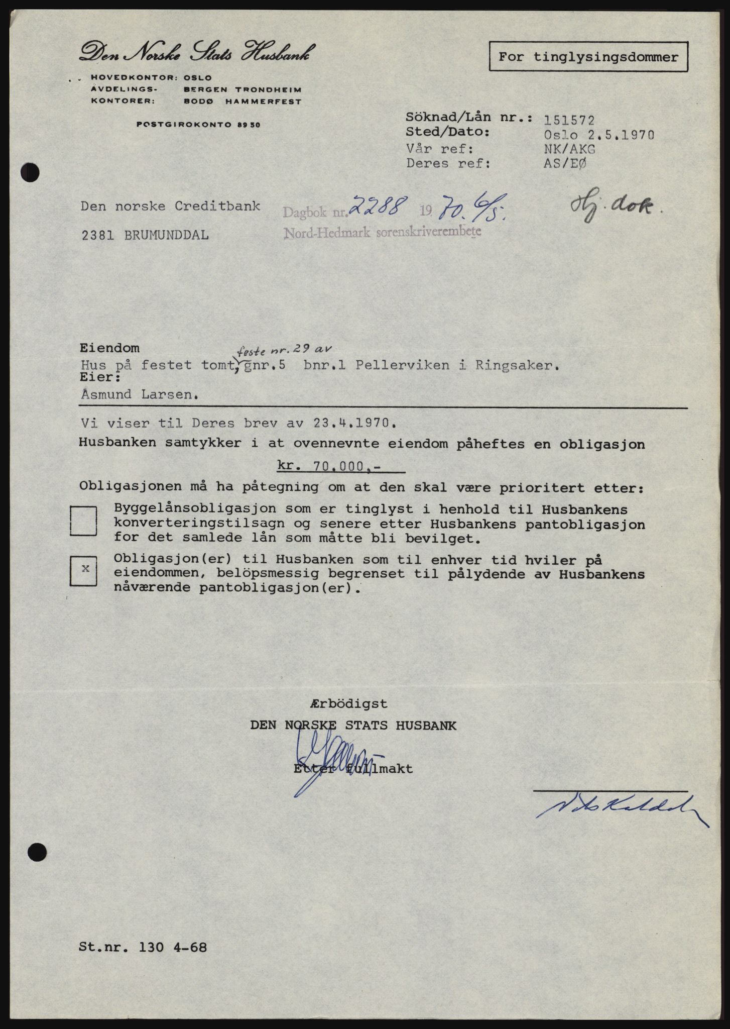 Nord-Hedmark sorenskriveri, AV/SAH-TING-012/H/Hc/L0033: Mortgage book no. 33, 1970-1970, Diary no: : 2288/1970