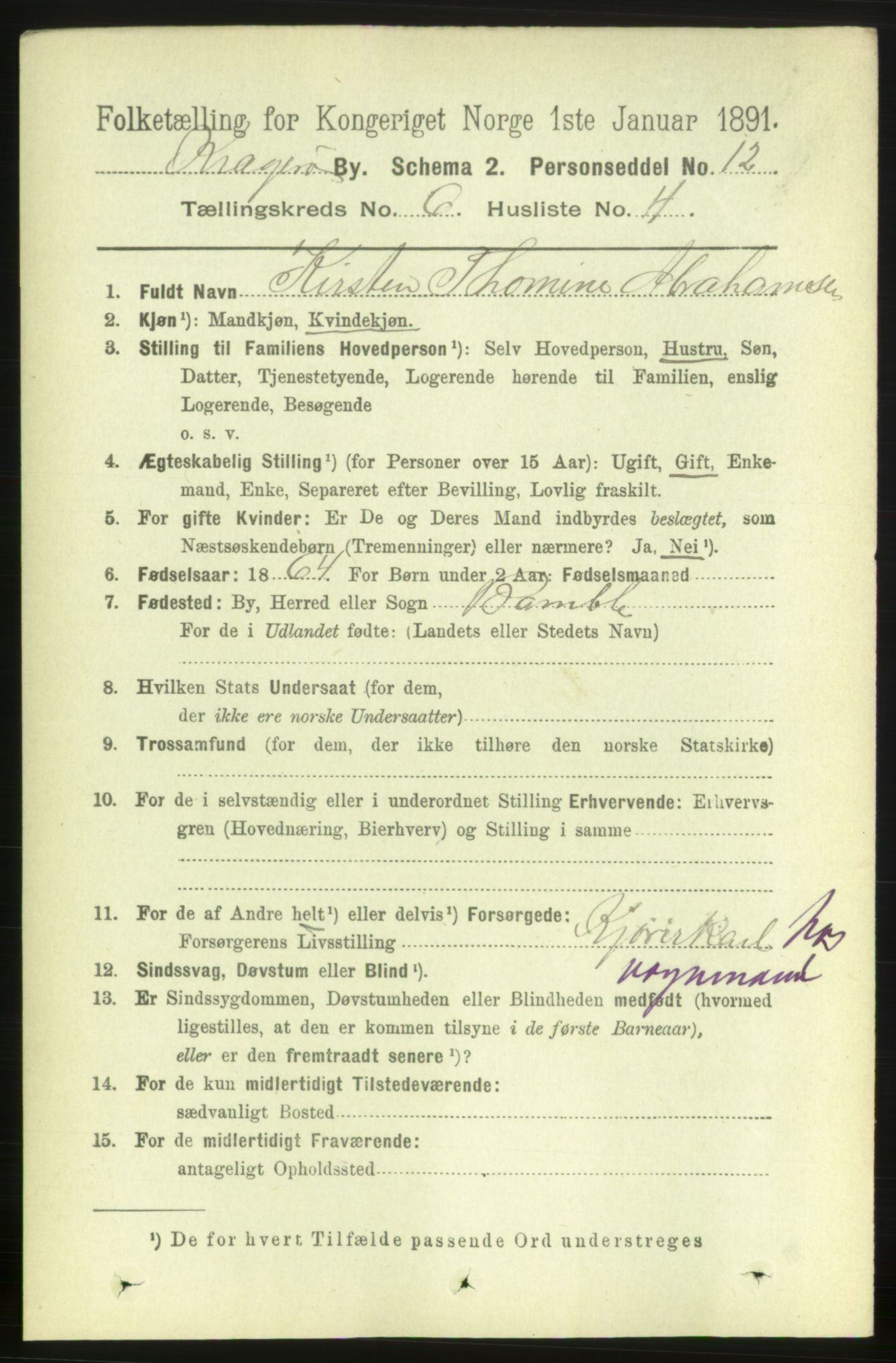 RA, 1891 census for 0801 Kragerø, 1891, p. 3311