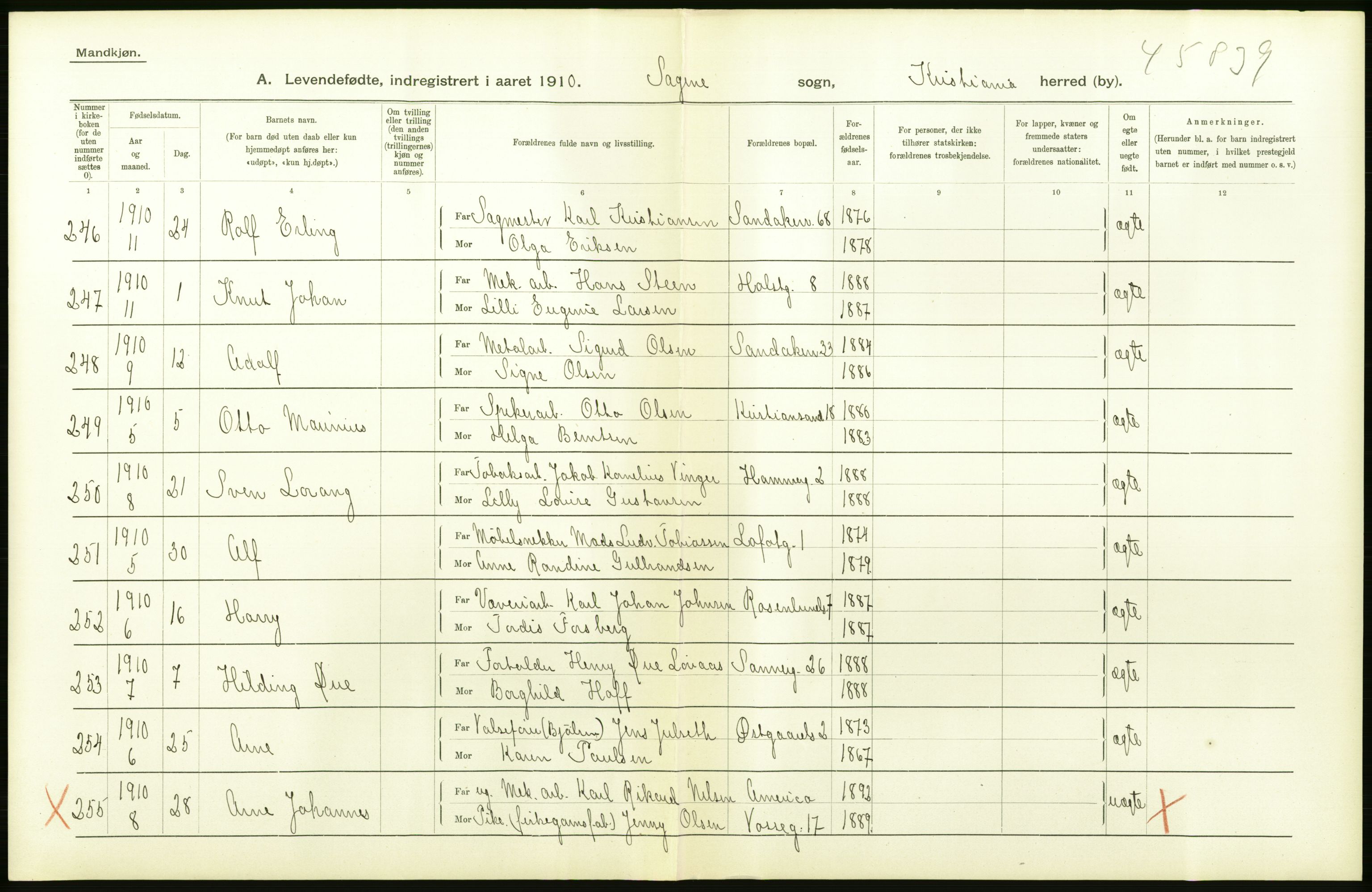 Statistisk sentralbyrå, Sosiodemografiske emner, Befolkning, RA/S-2228/D/Df/Dfa/Dfah/L0006: Kristiania: Levendefødte menn., 1910, p. 466