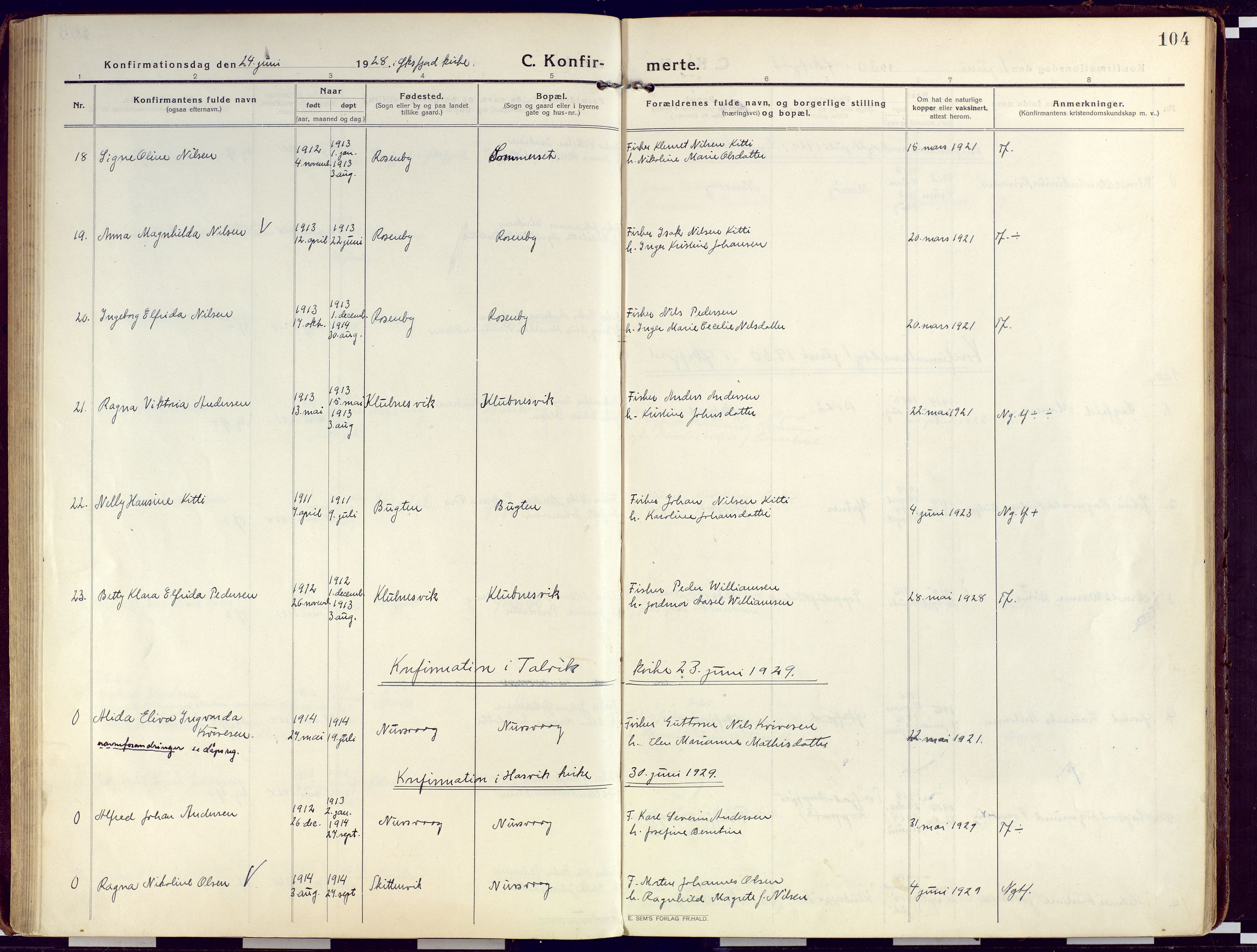 Loppa sokneprestkontor, AV/SATØ-S-1339/H/Ha/L0012kirke: Parish register (official) no. 12, 1917-1932, p. 104