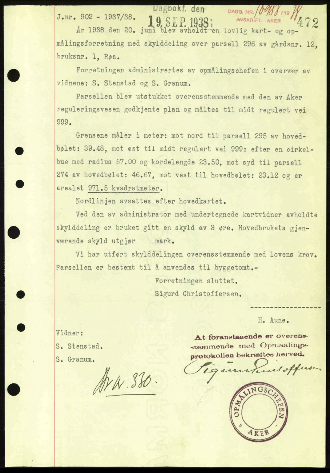 Aker herredsskriveri, SAO/A-10896/G/Gb/Gba/Gbab/L0025: Mortgage book no. A154-155, 1938-1938, Diary no: : 10988/1938